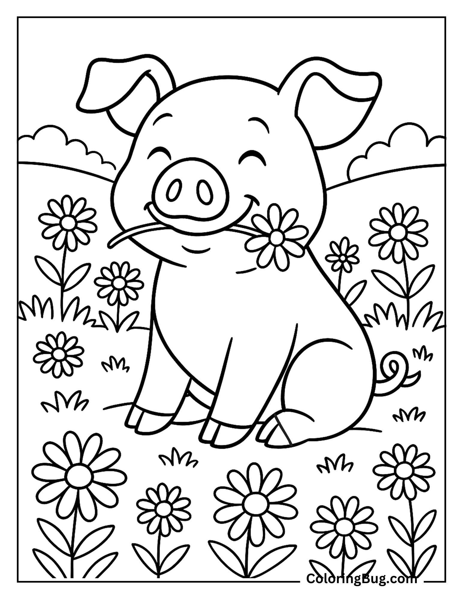 Pig Smiling While Holding a Daisy in Its Mouth Coloring Sheet