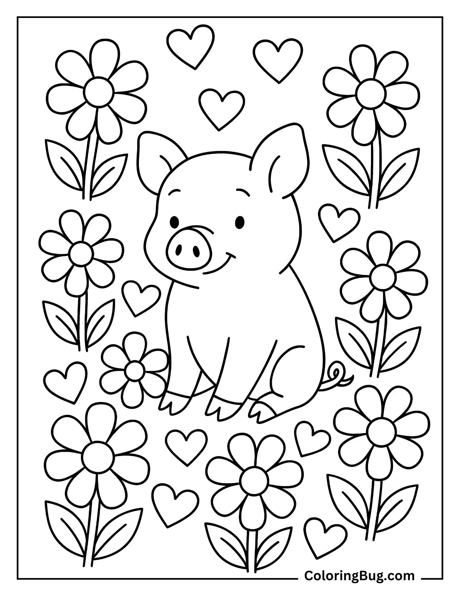Pig Surrounded By Hearts And Flowers Coloring Sheet