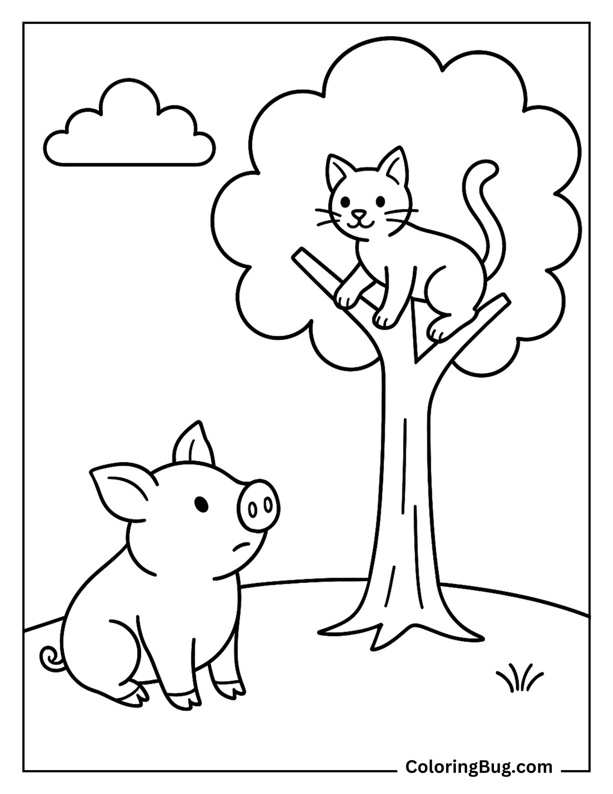 Pig Watching Cat Sitting on Tree Coloring Sheet