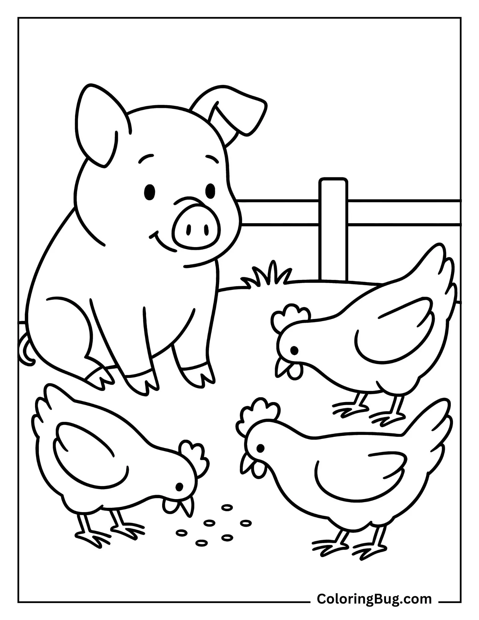 Pig Watching Chickens Peck the Ground Coloring Sheet