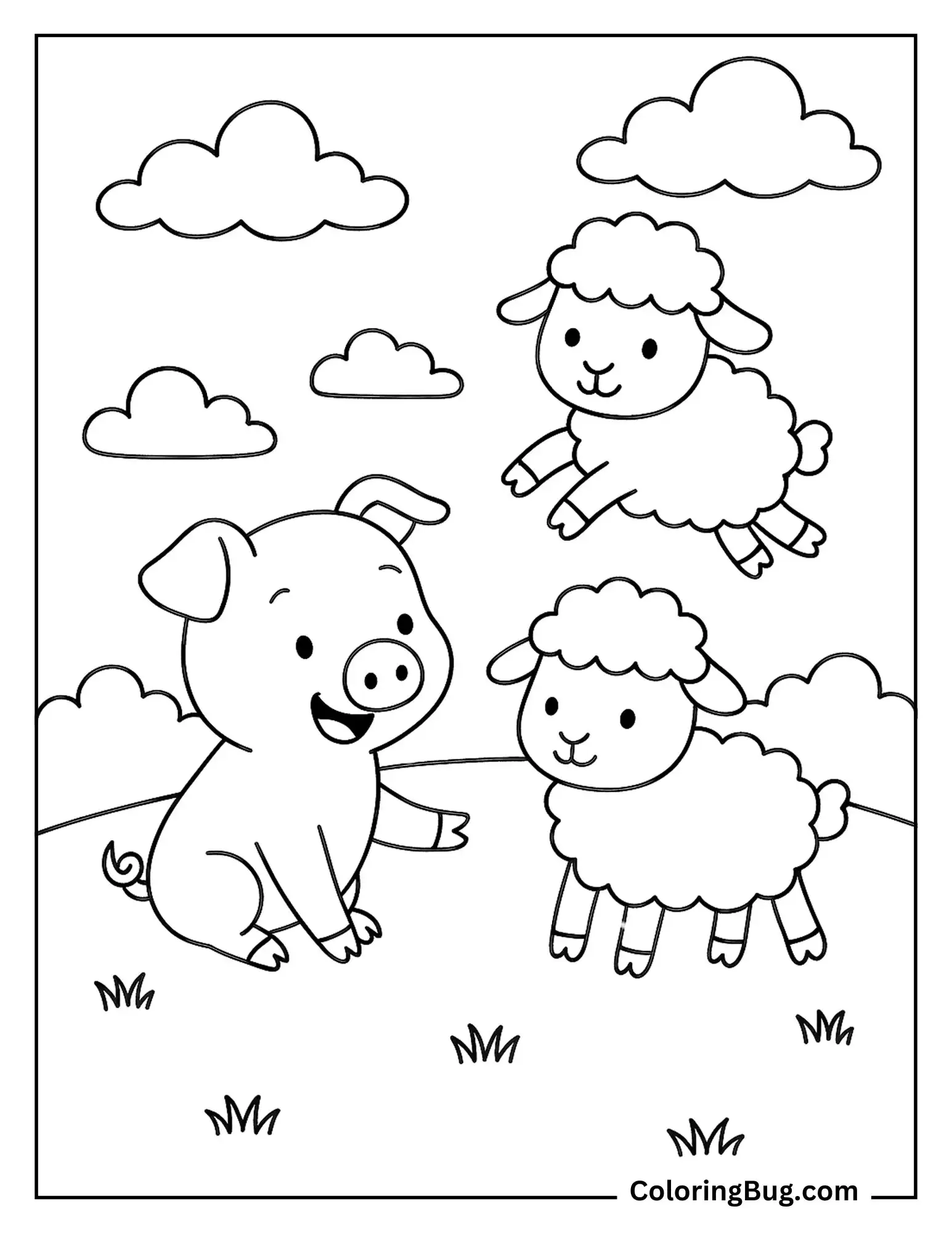 Piglet Playing With Sheep Coloring Sheet