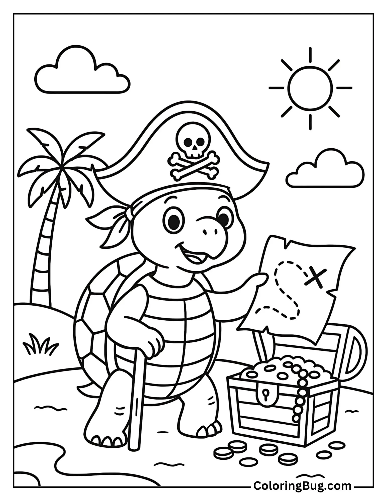 Pirate Turtle on a Treasure Hunt Coloring Sheet