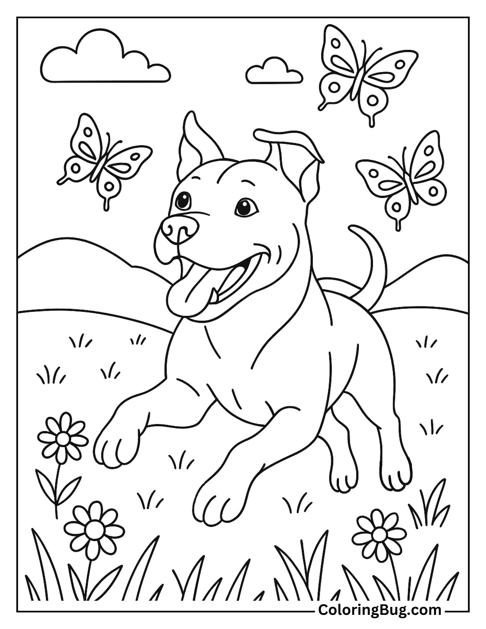 Pit Bull Chasing Butterflies in a Meadow Coloring Sheet