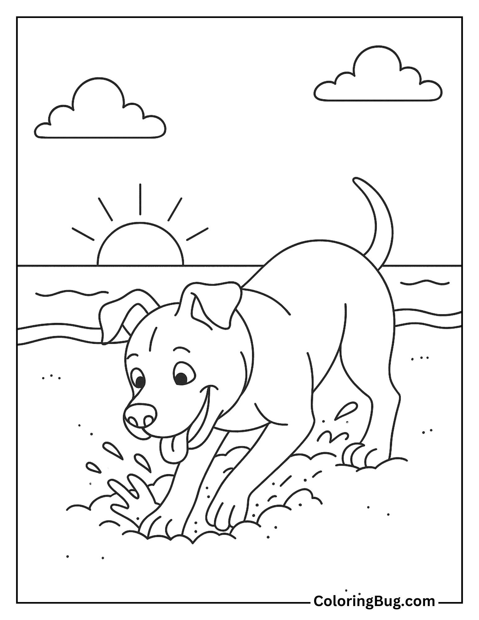 Pit Bull Digging in the Sand at the Beach Coloring Sheet