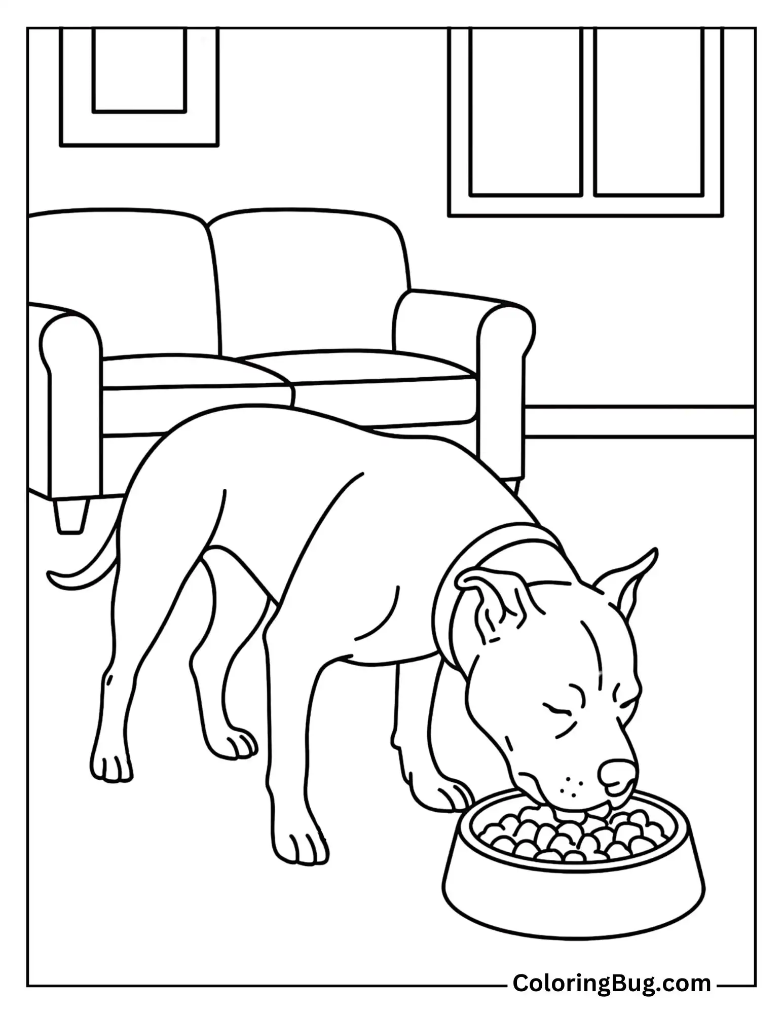 Pit Bull Eating From a Food Bowl Coloring Sheet