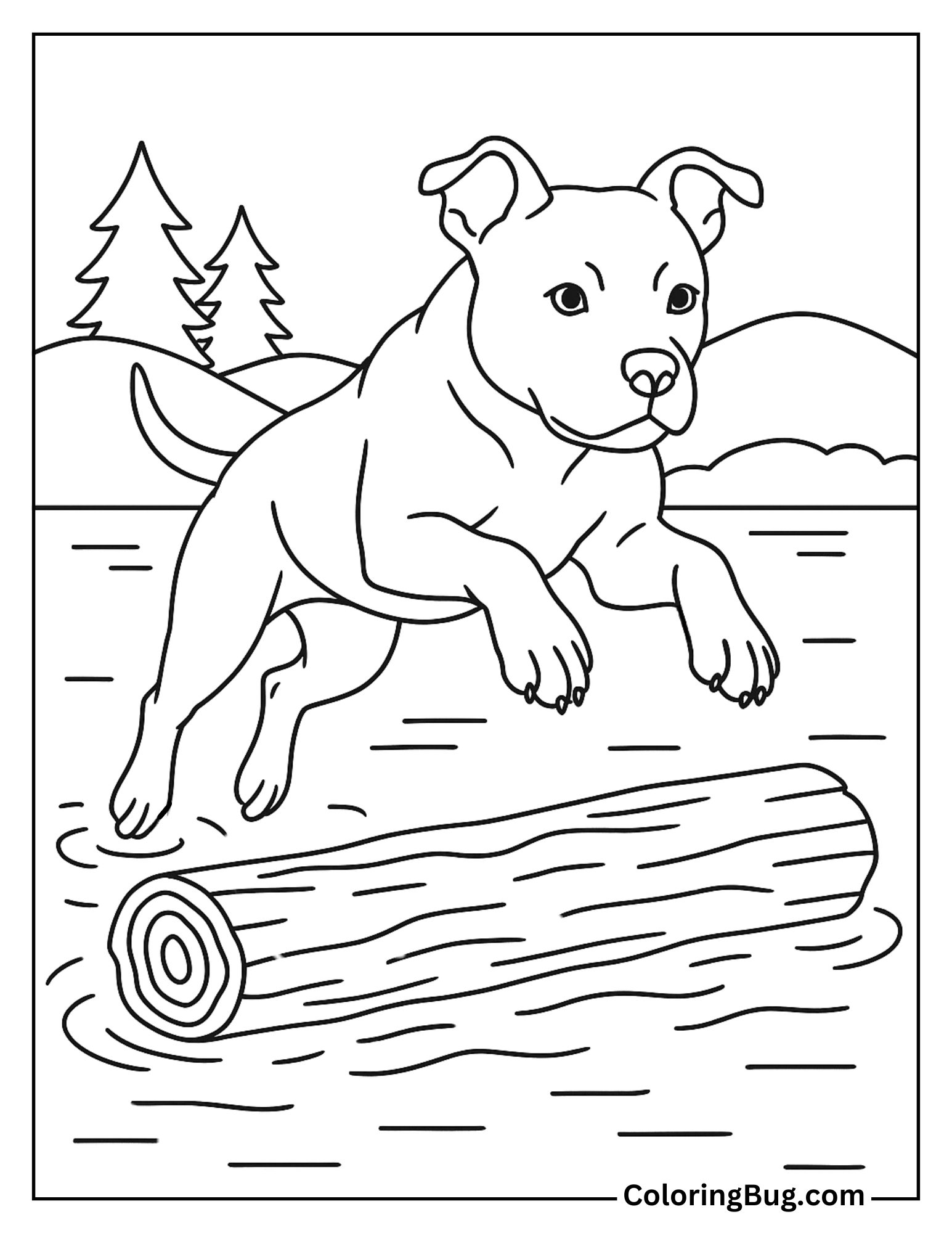 Pitbull Jumping Over a Log in Lake Coloring Sheet
