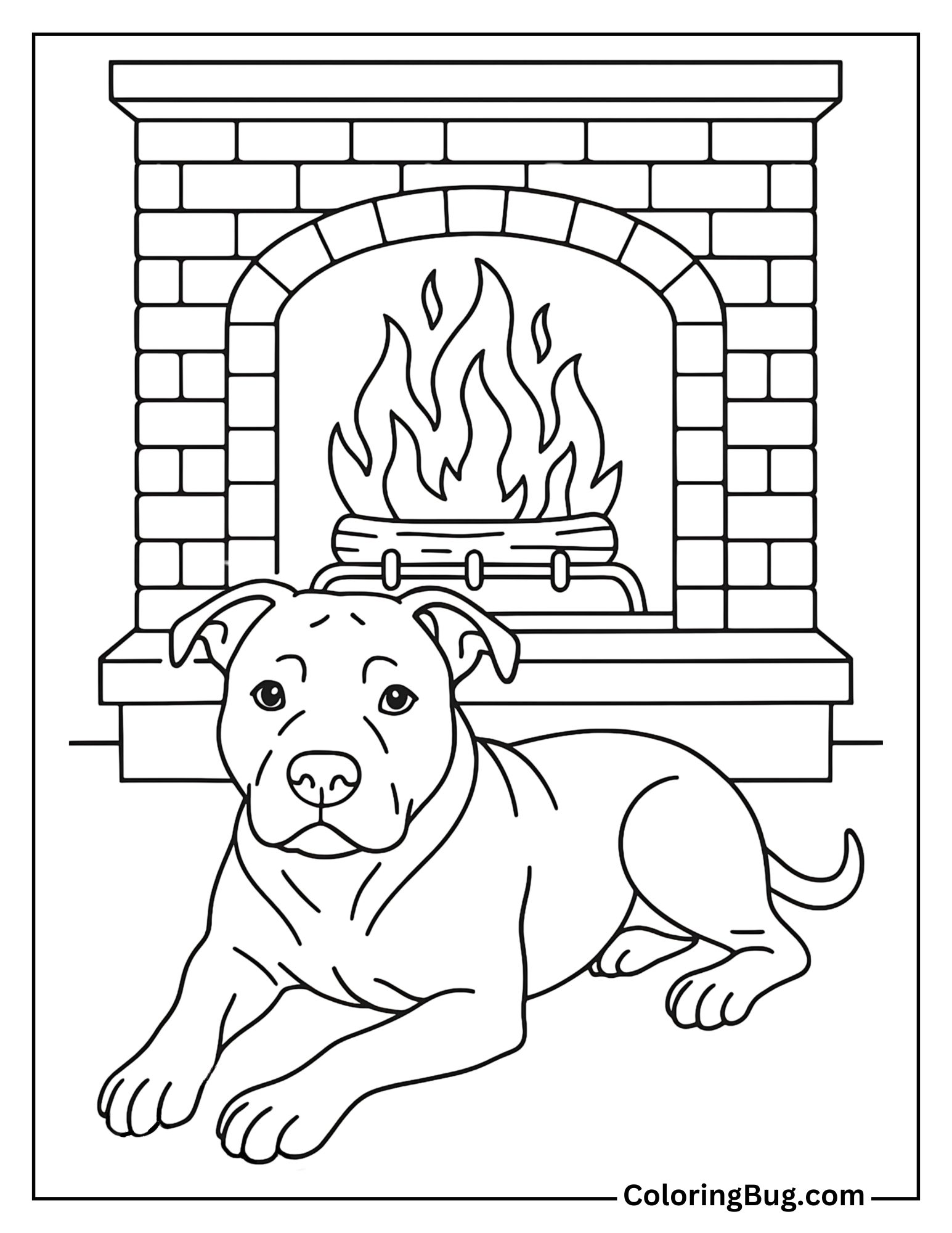 Pitbull Lying Near the Fireplace Coloring Sheet