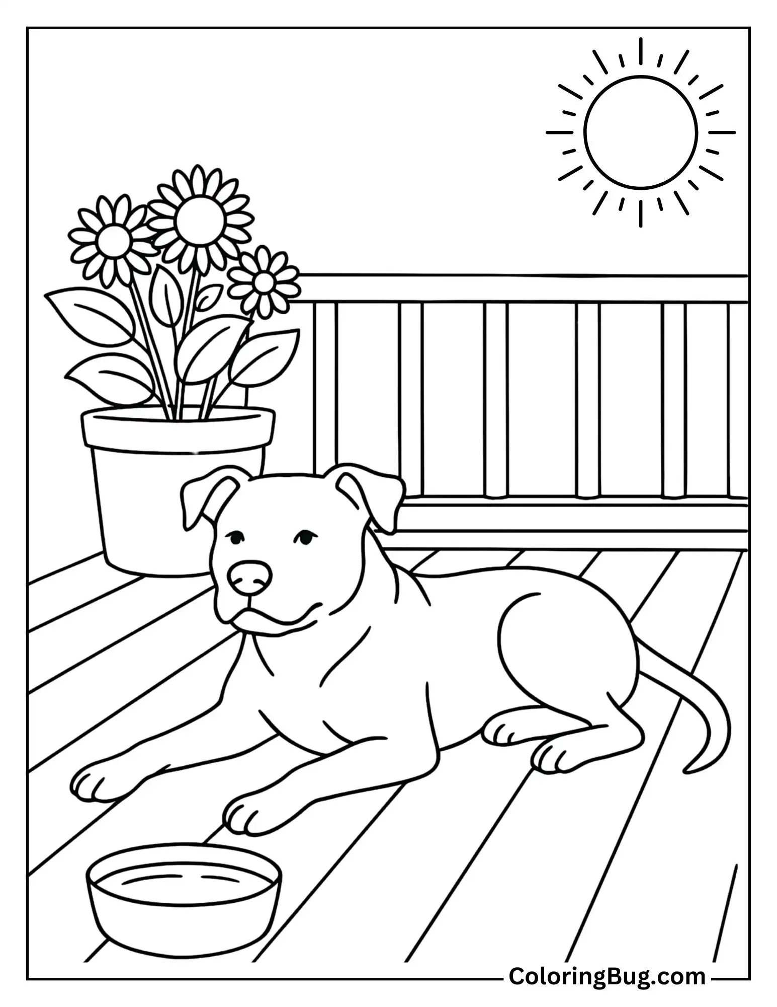 Pitbull Resting on a Porch in Summer Coloring Sheet