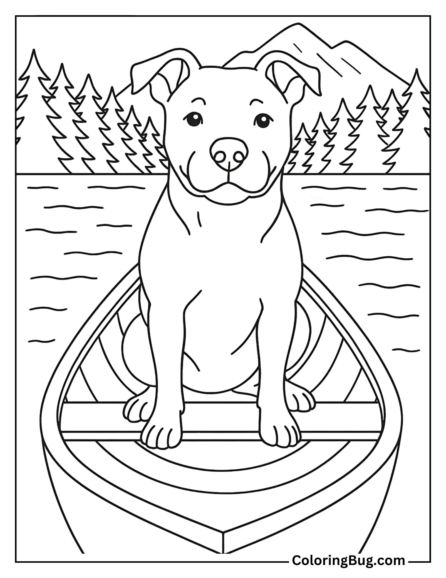 Pitbull Sitting in a Canoe During a Lake Trip Coloring Sheet