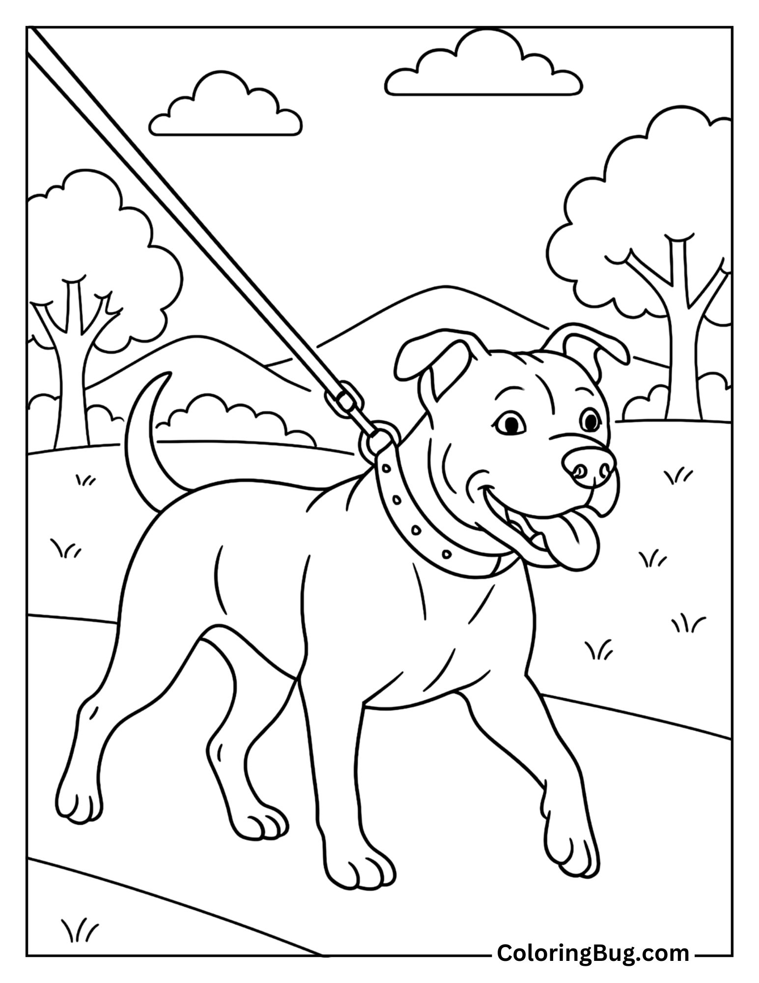 Pitbull Walking on a Leash in a Park Coloring Sheet