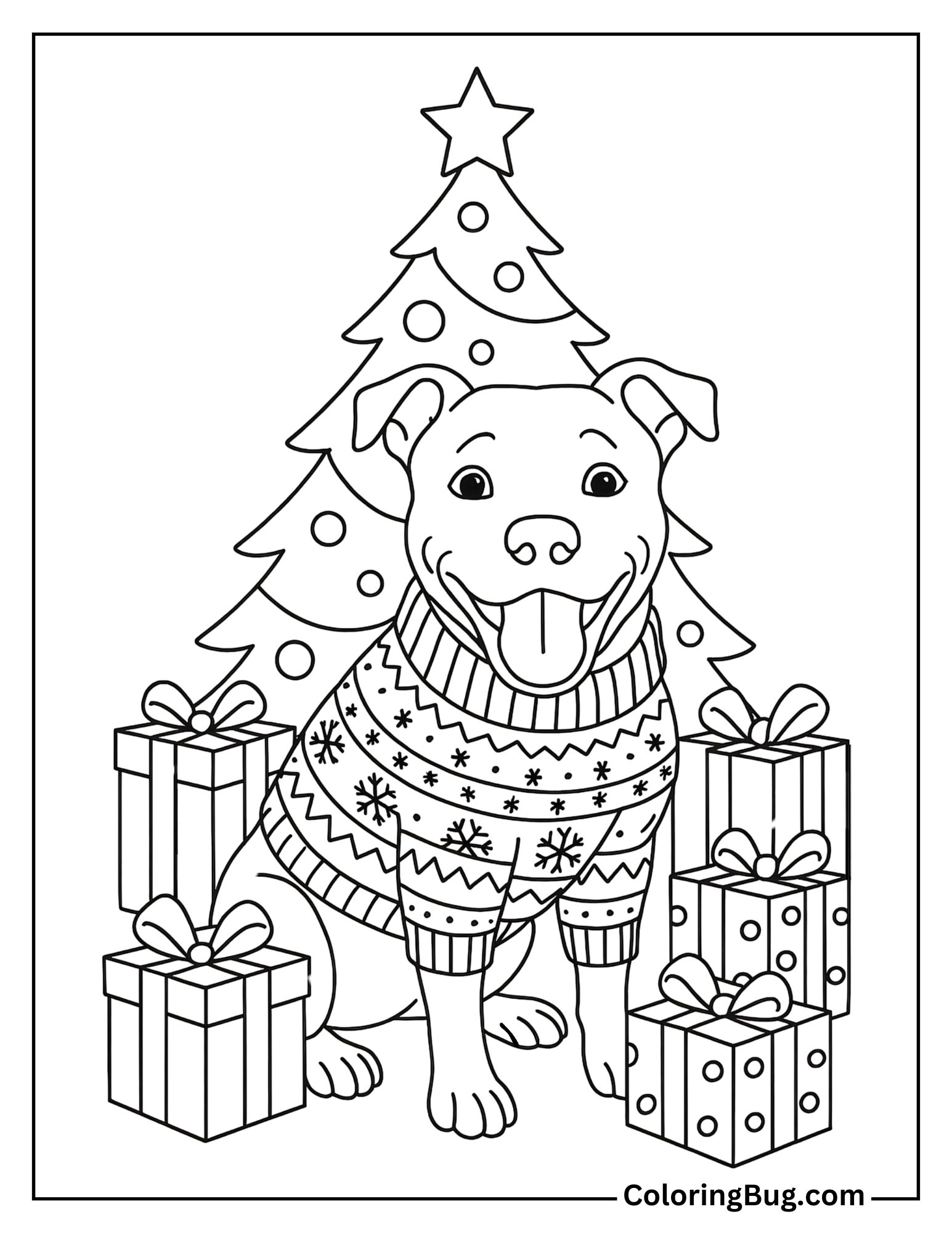 Pitbull in a Christmas Sweater Coloring Sheet