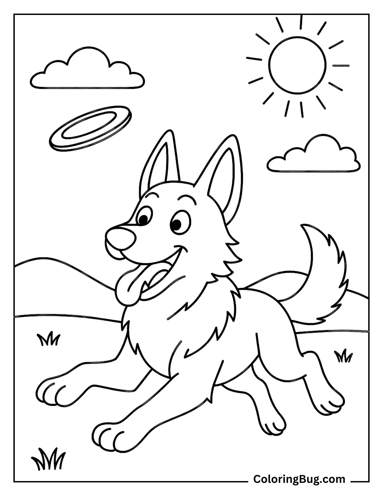 Playful German Shepherd Happily Running After Frisbee Coloring Sheet