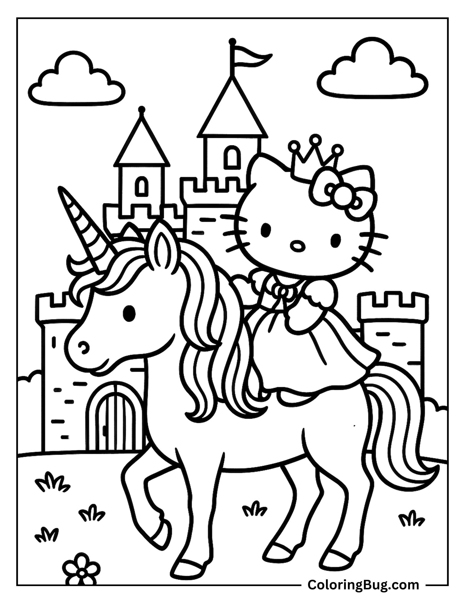 Princess Hello Kitty Riding on Unicorn Coloring Sheet