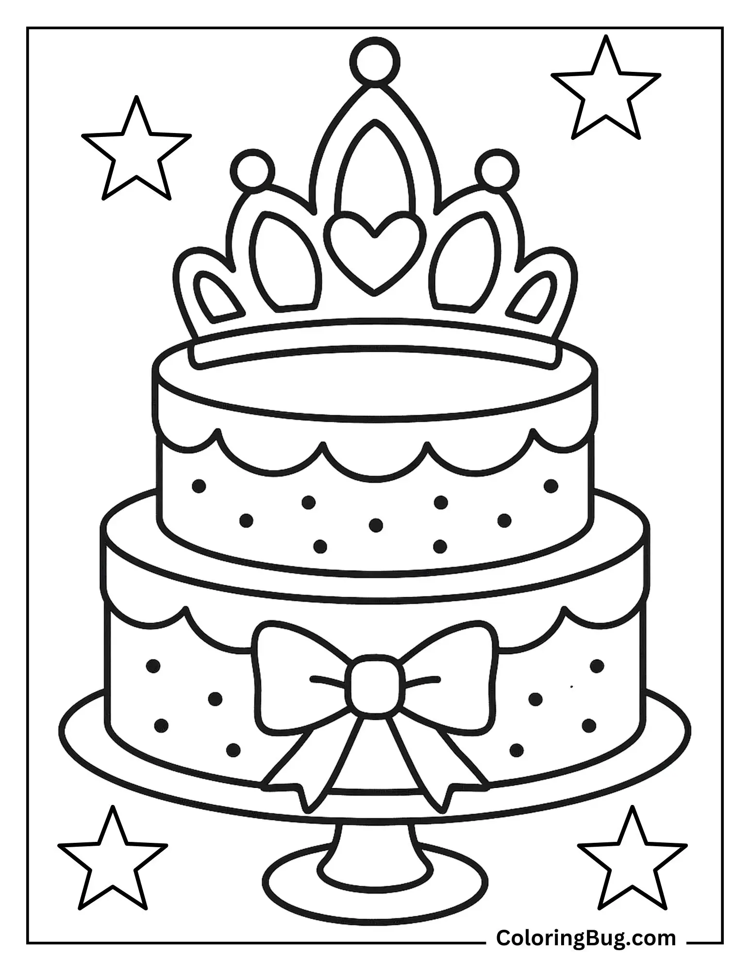 Princess-Themed Cake with a Tiara Topper and Bows Coloring Sheet