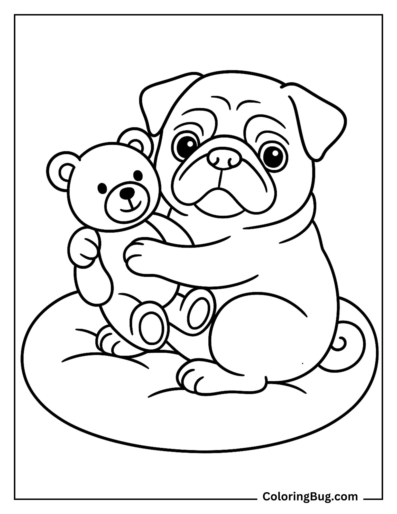 Pug Cuddling With a Teddy Bear on a Cushion Coloring Sheet