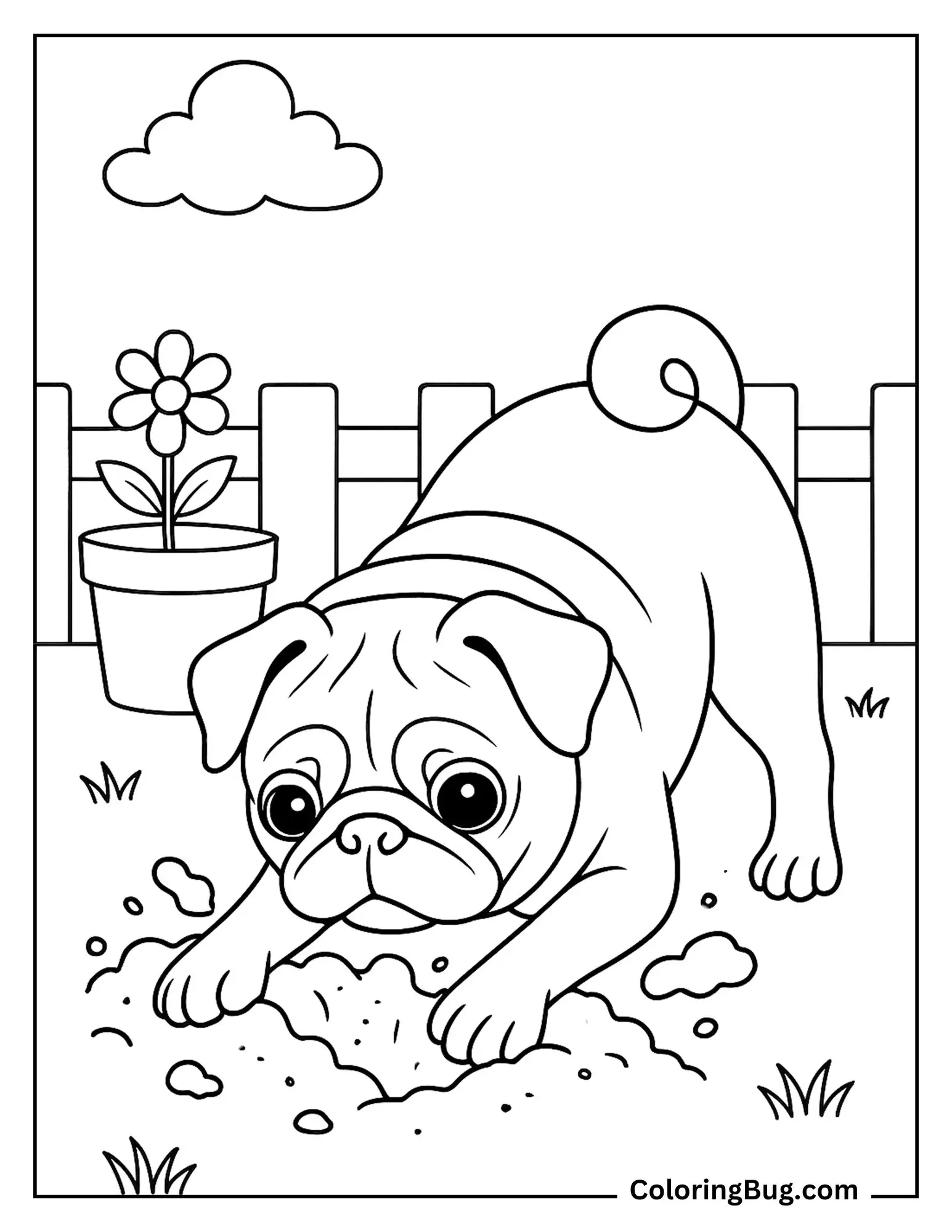Pug Digging a Hole Near Flower Pots Coloring Sheet