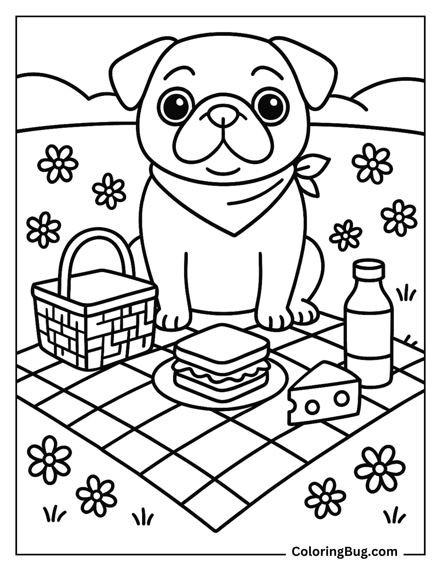 Pug Having Picnic in Meadow Coloring Sheet