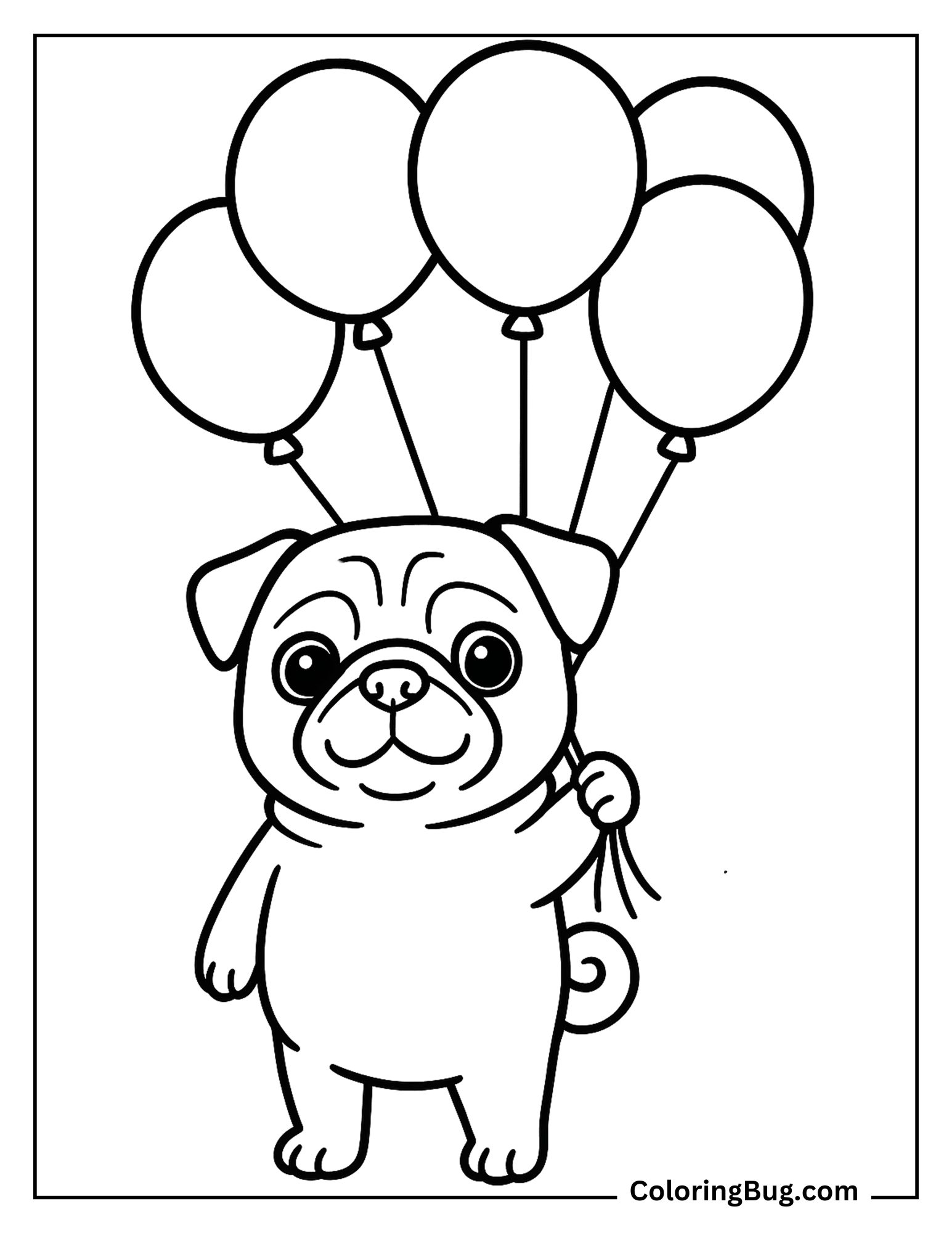 Pug Holding Balloons Coloring Sheet