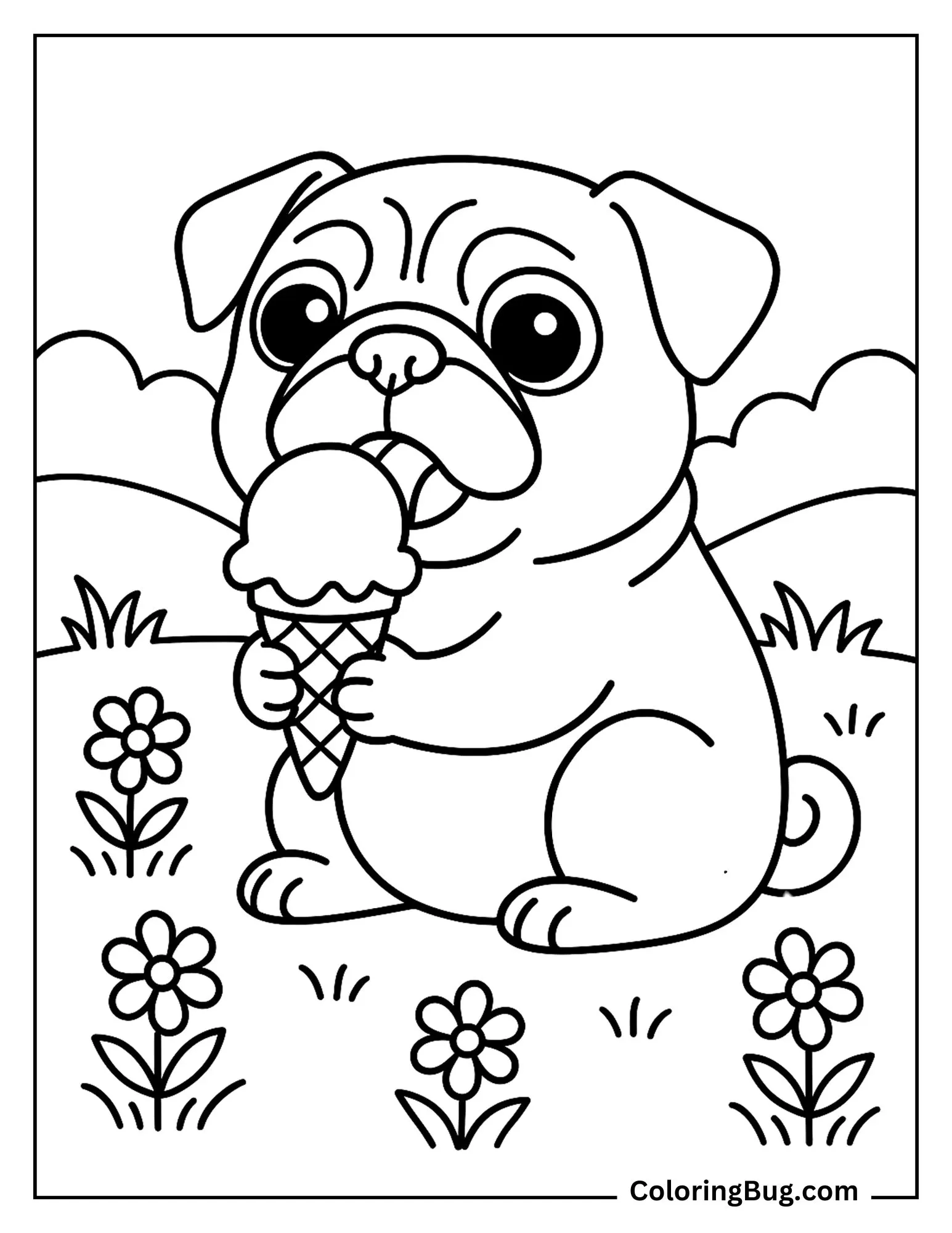 Pug Licking Ice Cream Cone Coloring Sheet