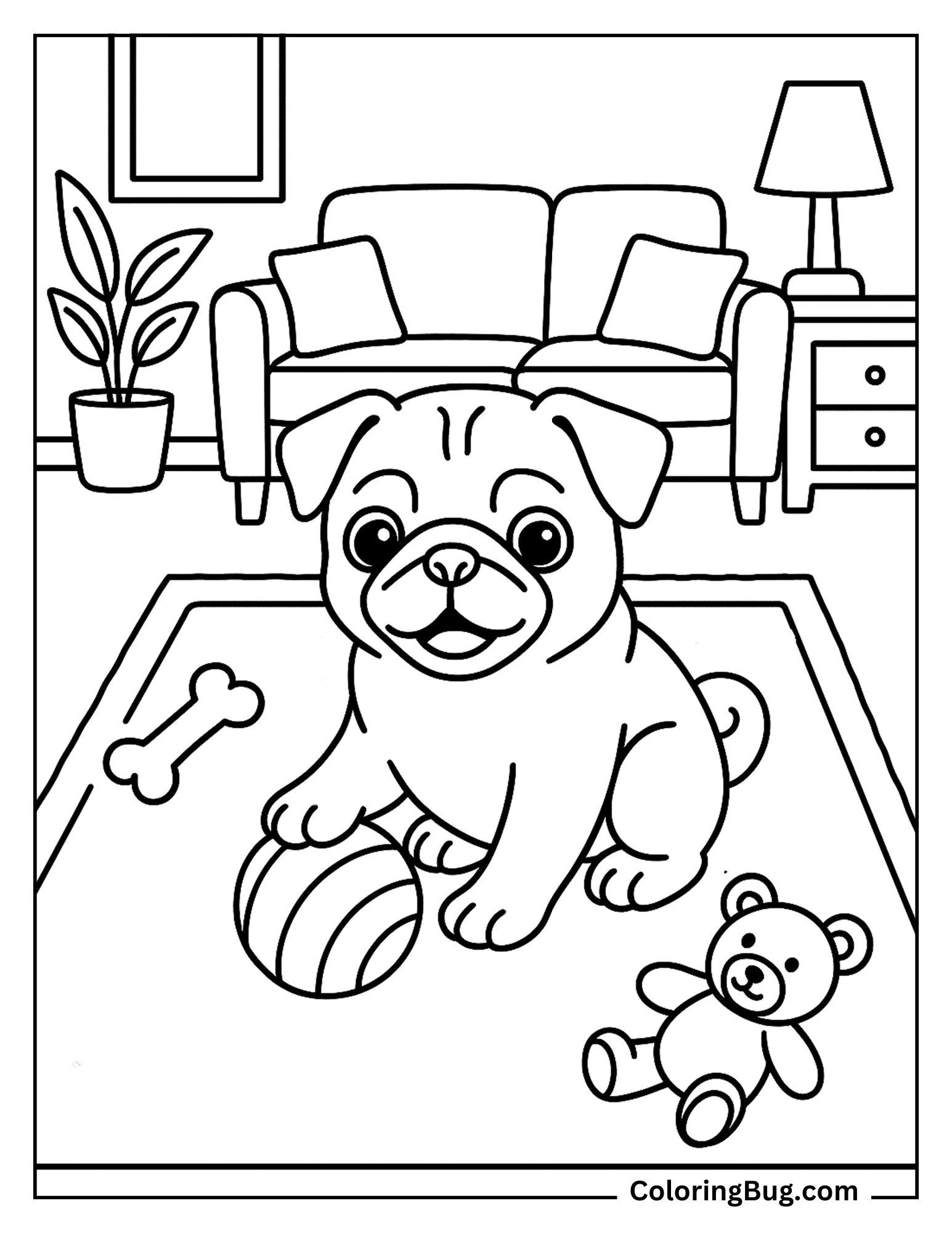 Pug Playing With Toys Coloring Sheet