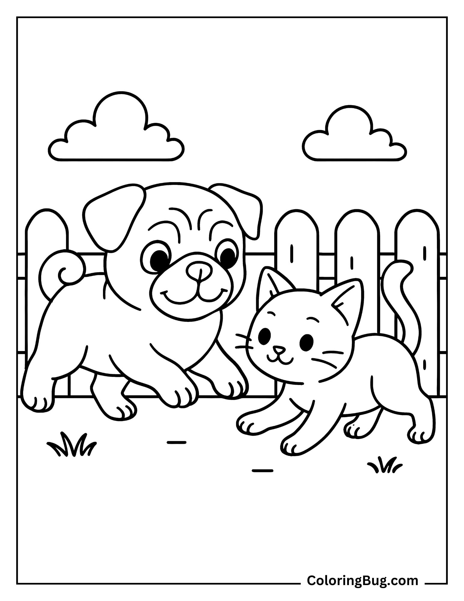 Pug Puppy With Kitten Coloring Sheet