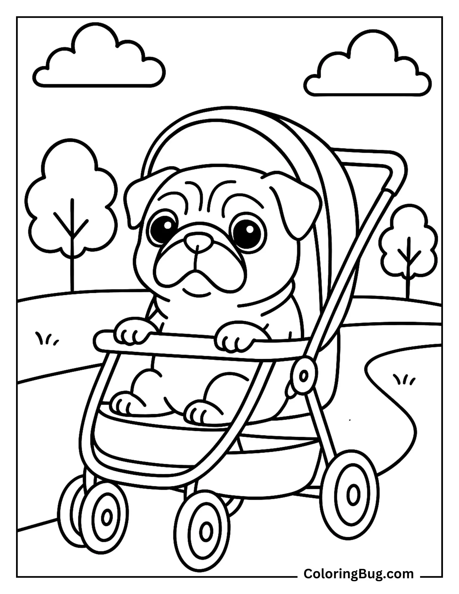 Pug Riding in a Stroller at the Park Coloring Sheet
