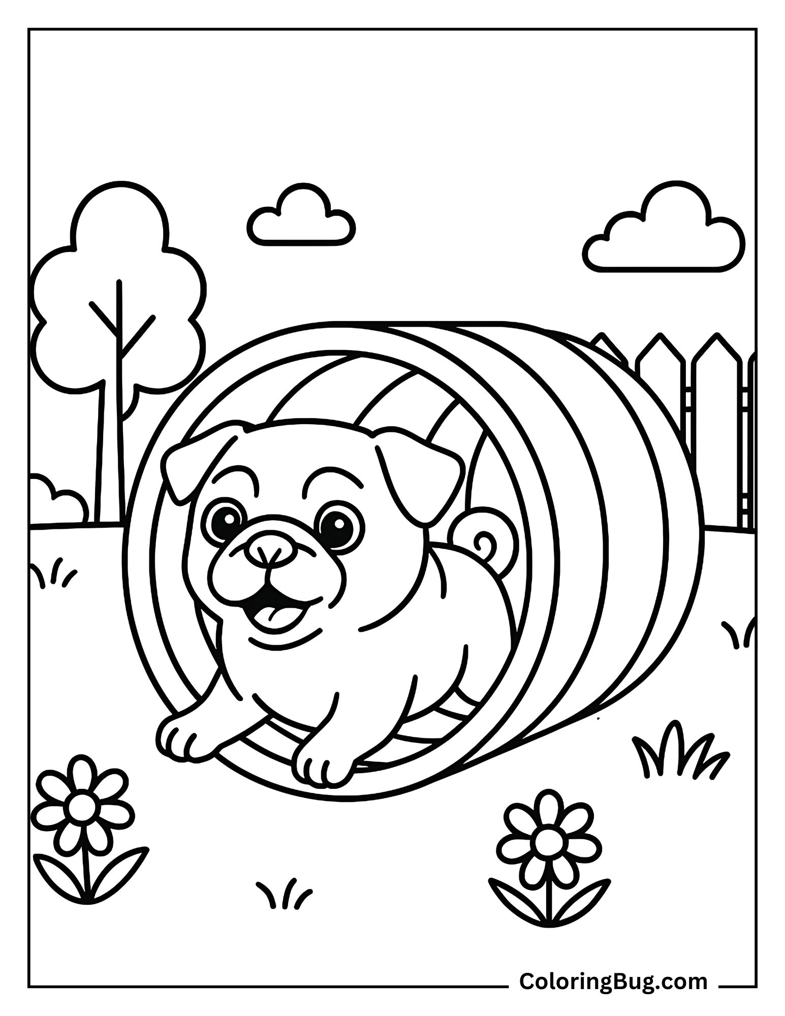Pug Running Through a Play Tunnel in the Backyard Coloring Sheet