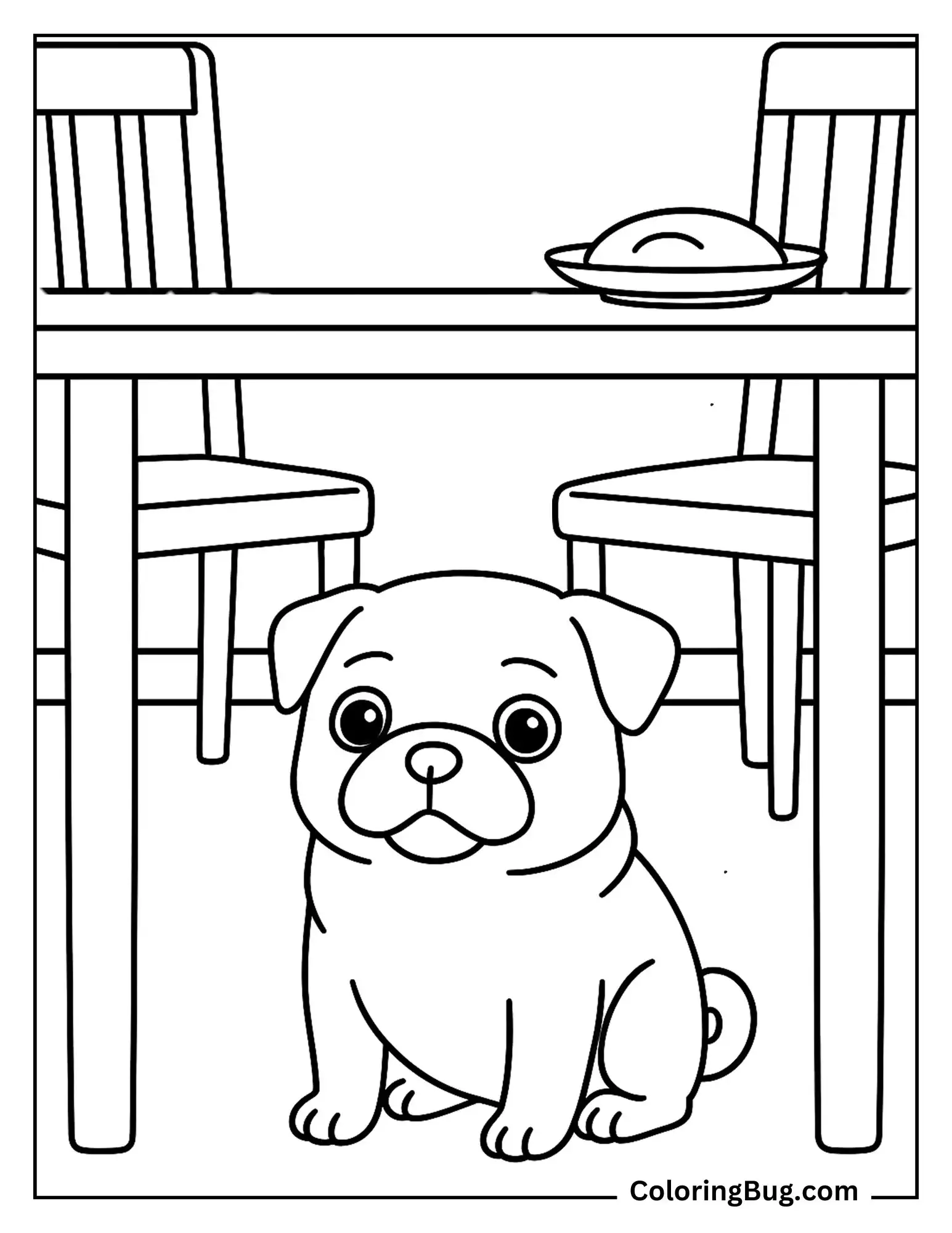 Pug Sitting Under the Dining Table Waiting for Food Coloring Sheet