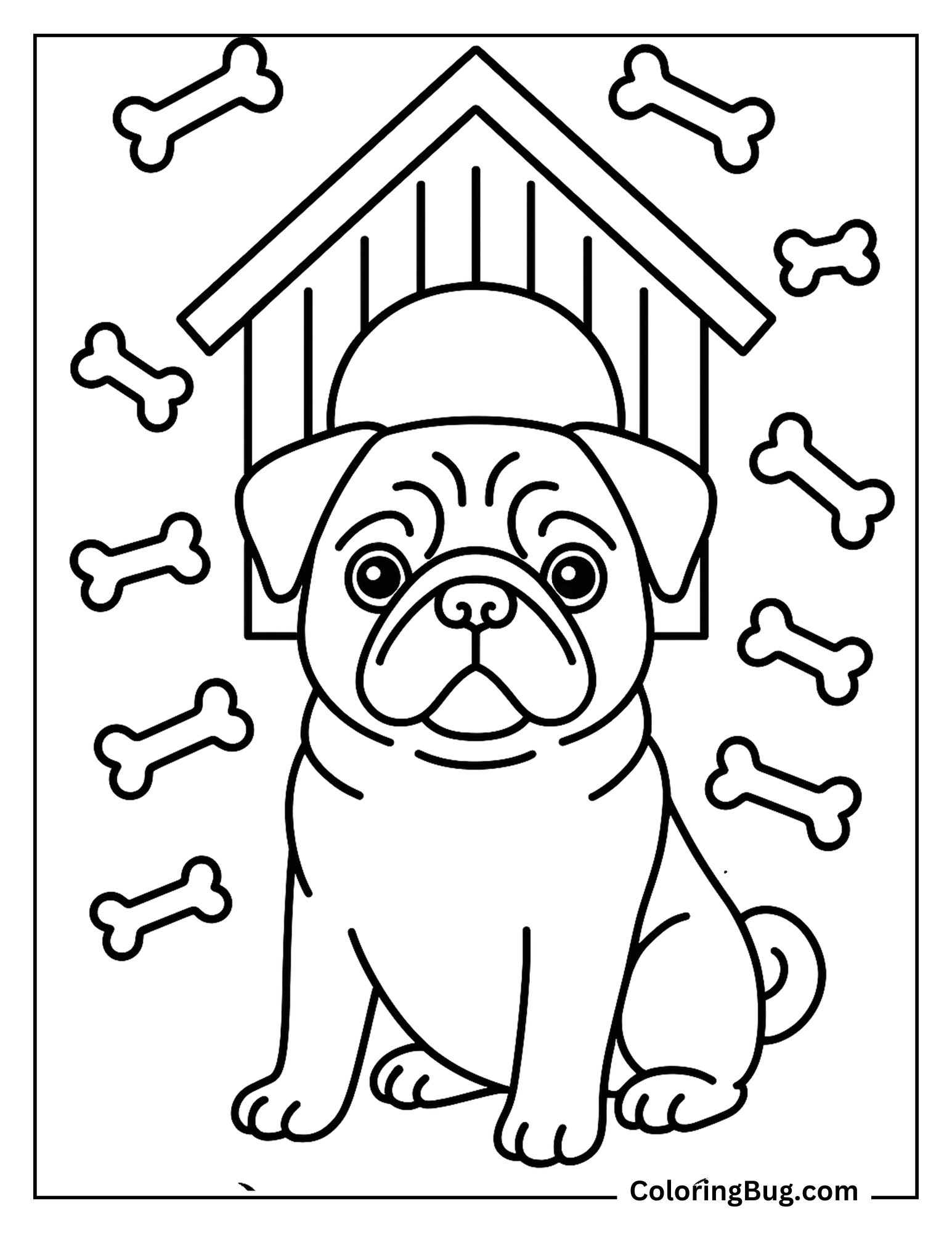 Pug Sitting in Front of Its House Coloring Sheet