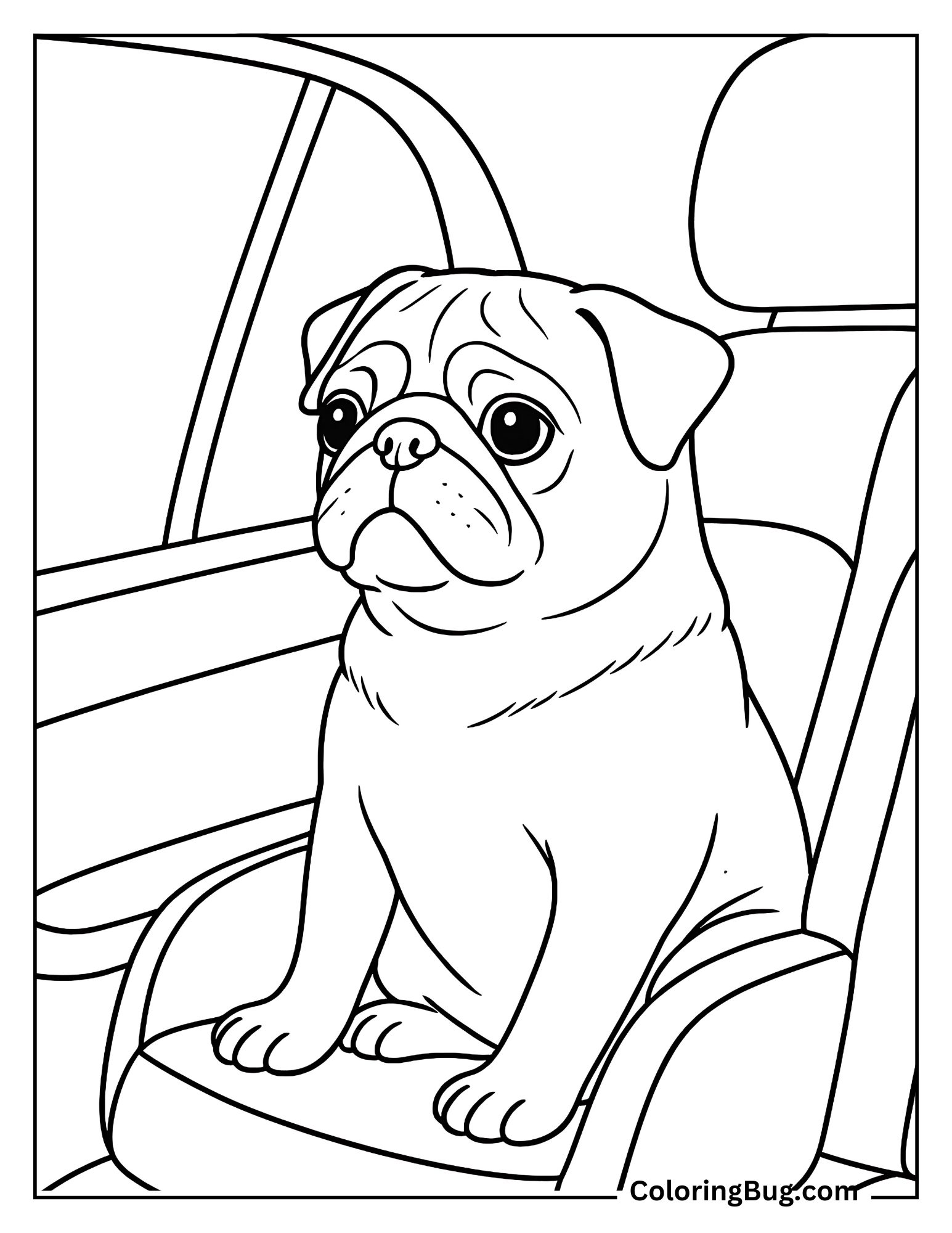 Pug Sitting on Seat of Car Coloring Sheet