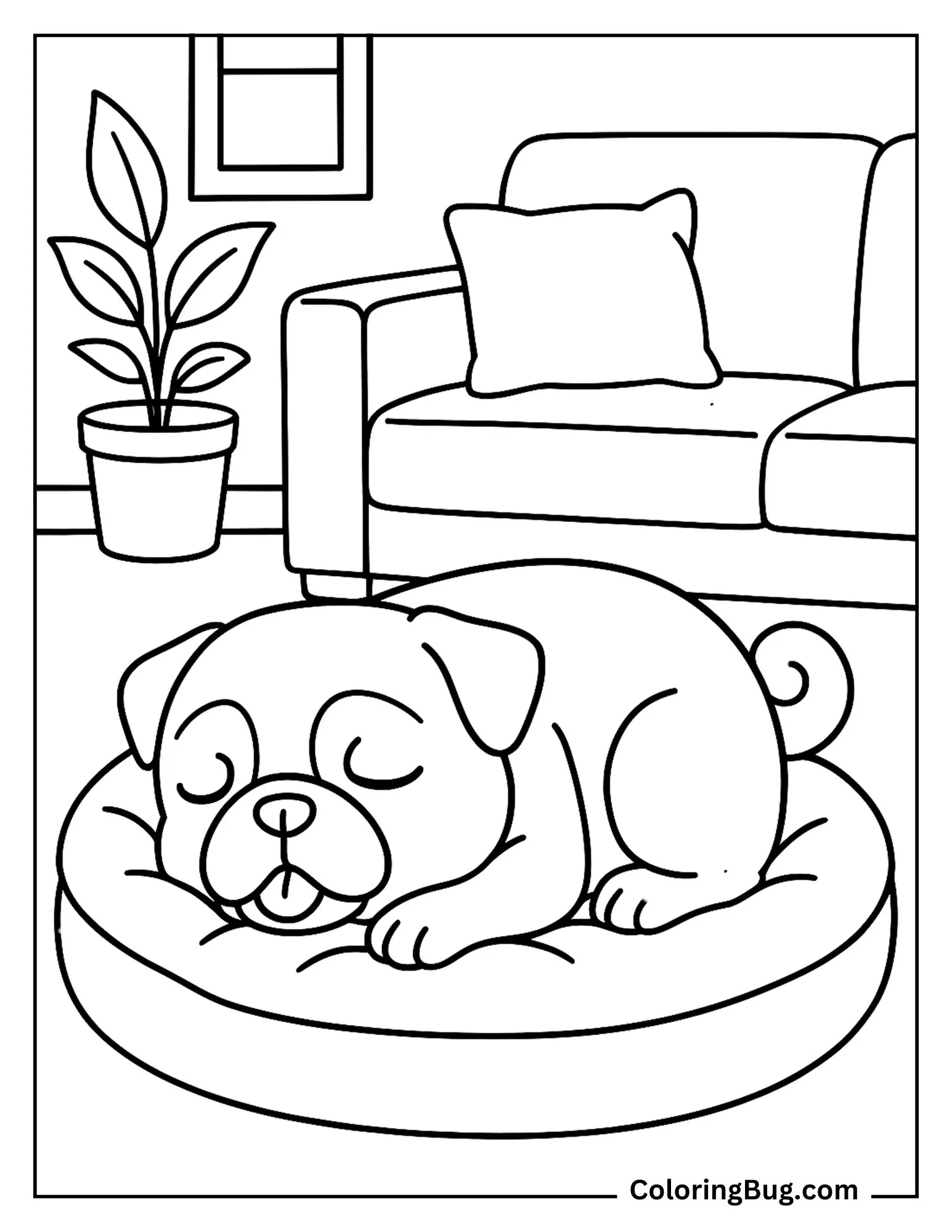 Pug Sleeping on a Cozy Dog Bed in the Living Room Coloring Sheet