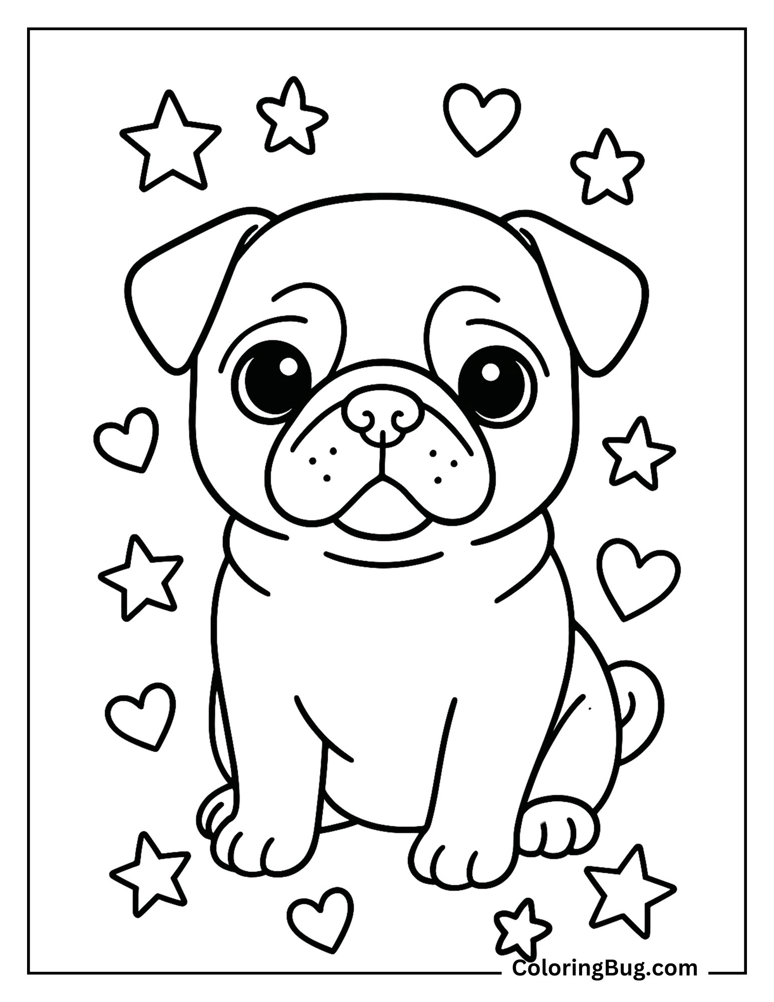 Pug Surrounded By Hearts And Stars Coloring Sheet