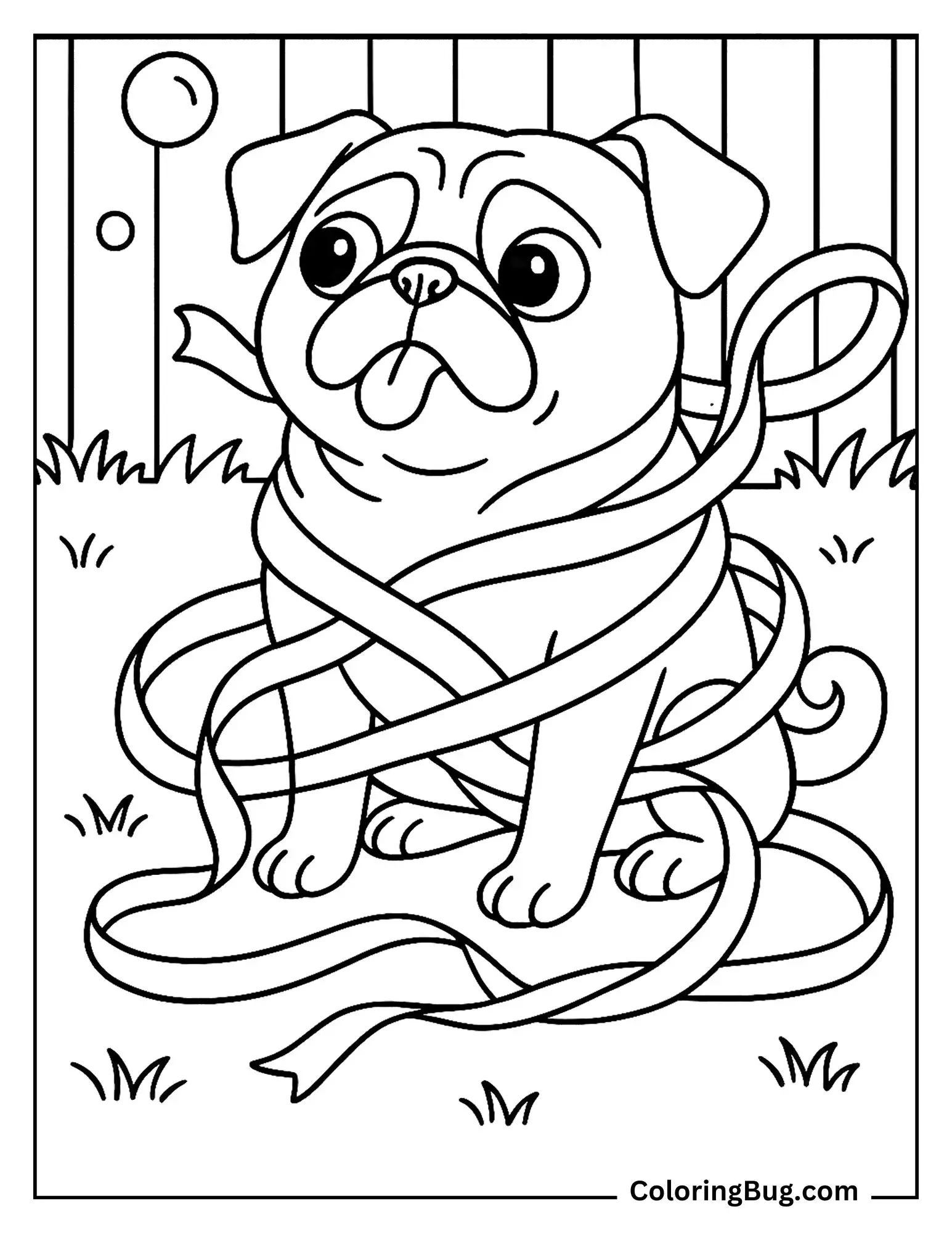 Pug Tangled in a Long Ribbon Coloring Sheet