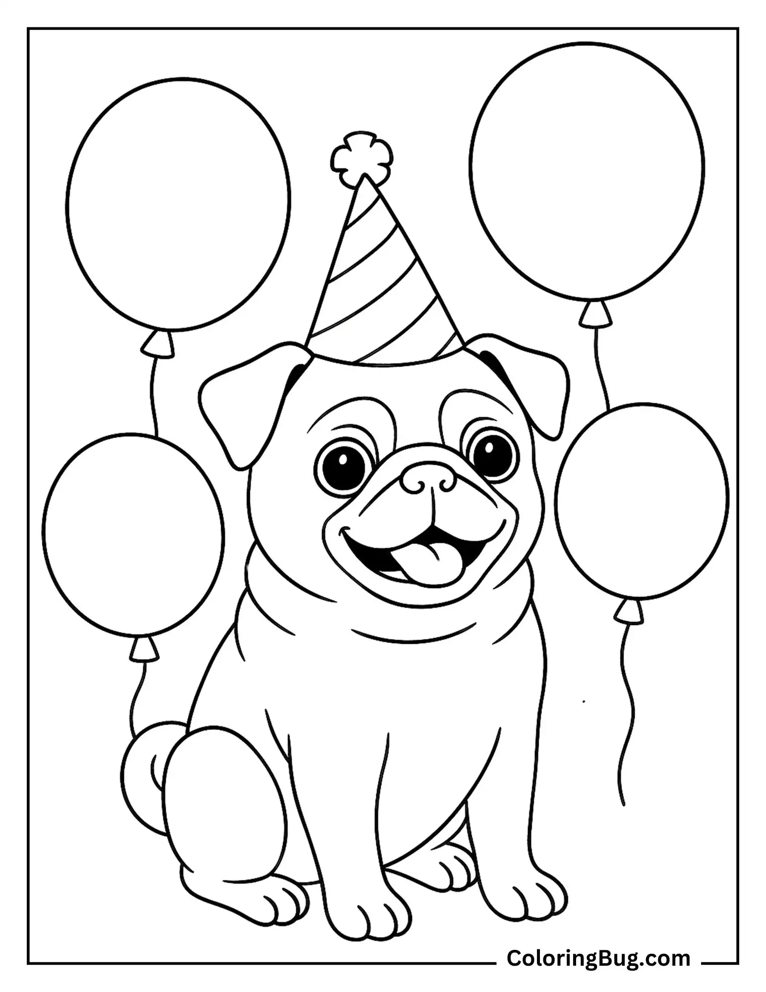 Pug Wearing a Party Hat With Balloons Around Coloring Sheet