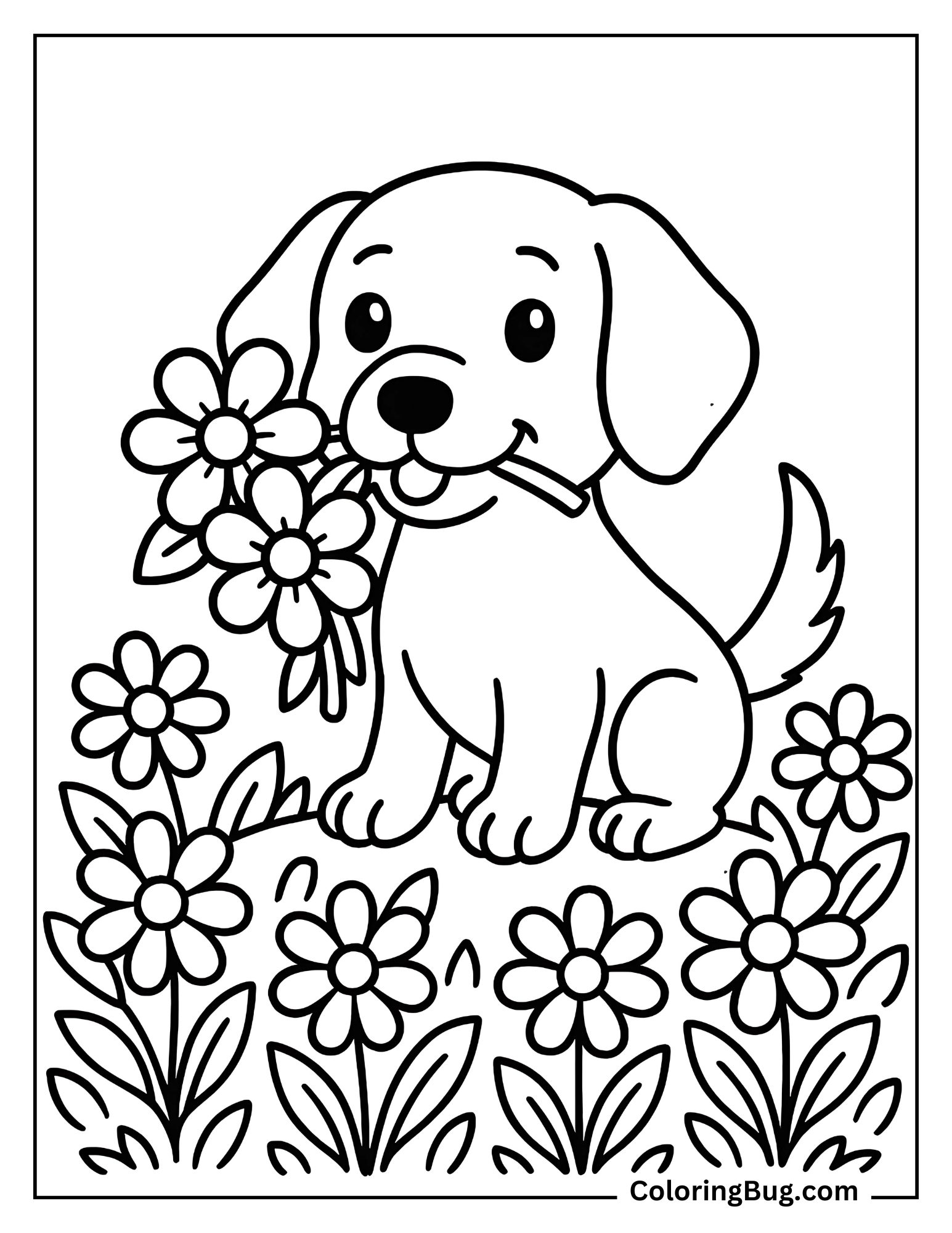 Puppy Carrying Flowers in Its Mouth coloring Sheet