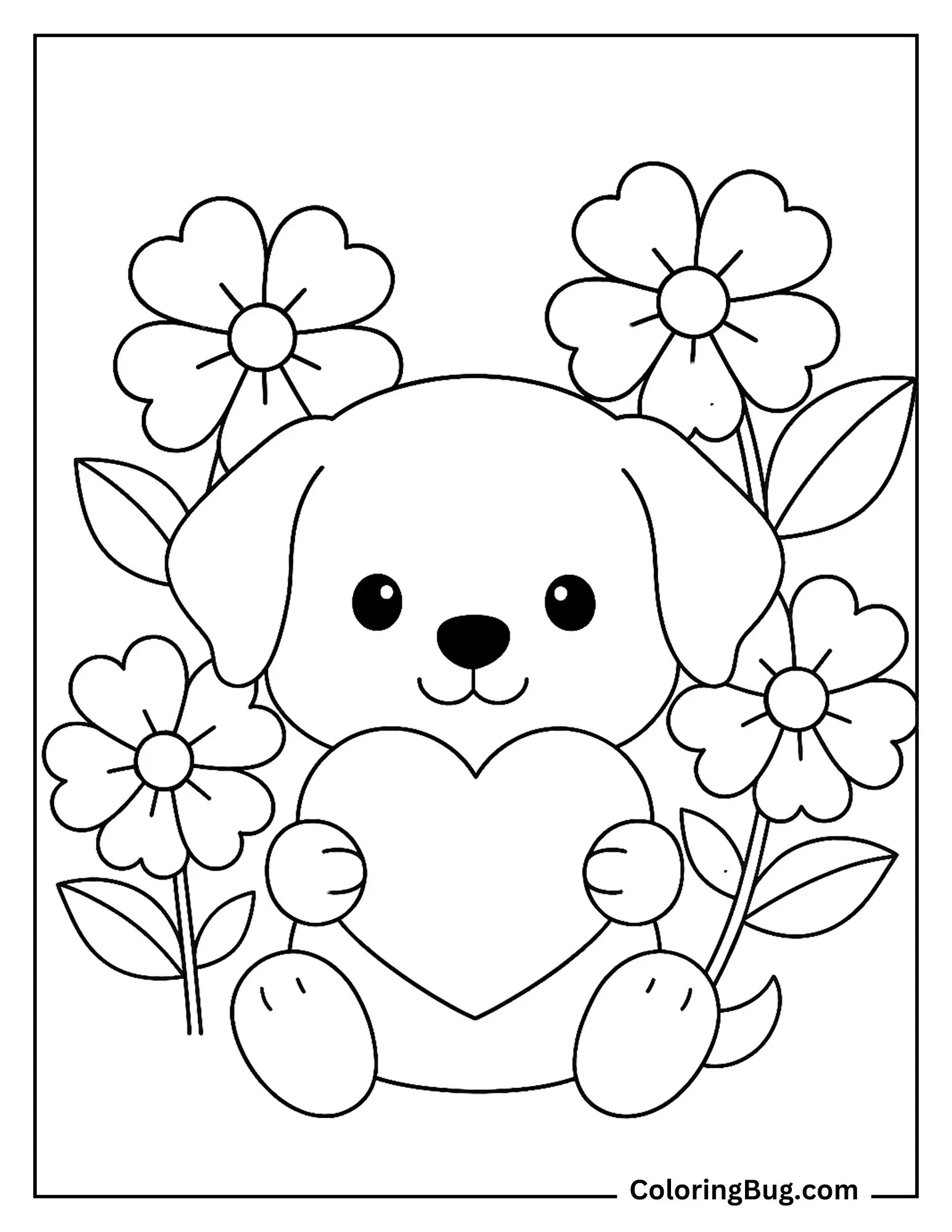 Puppy Holding Heart Coloring Sheet