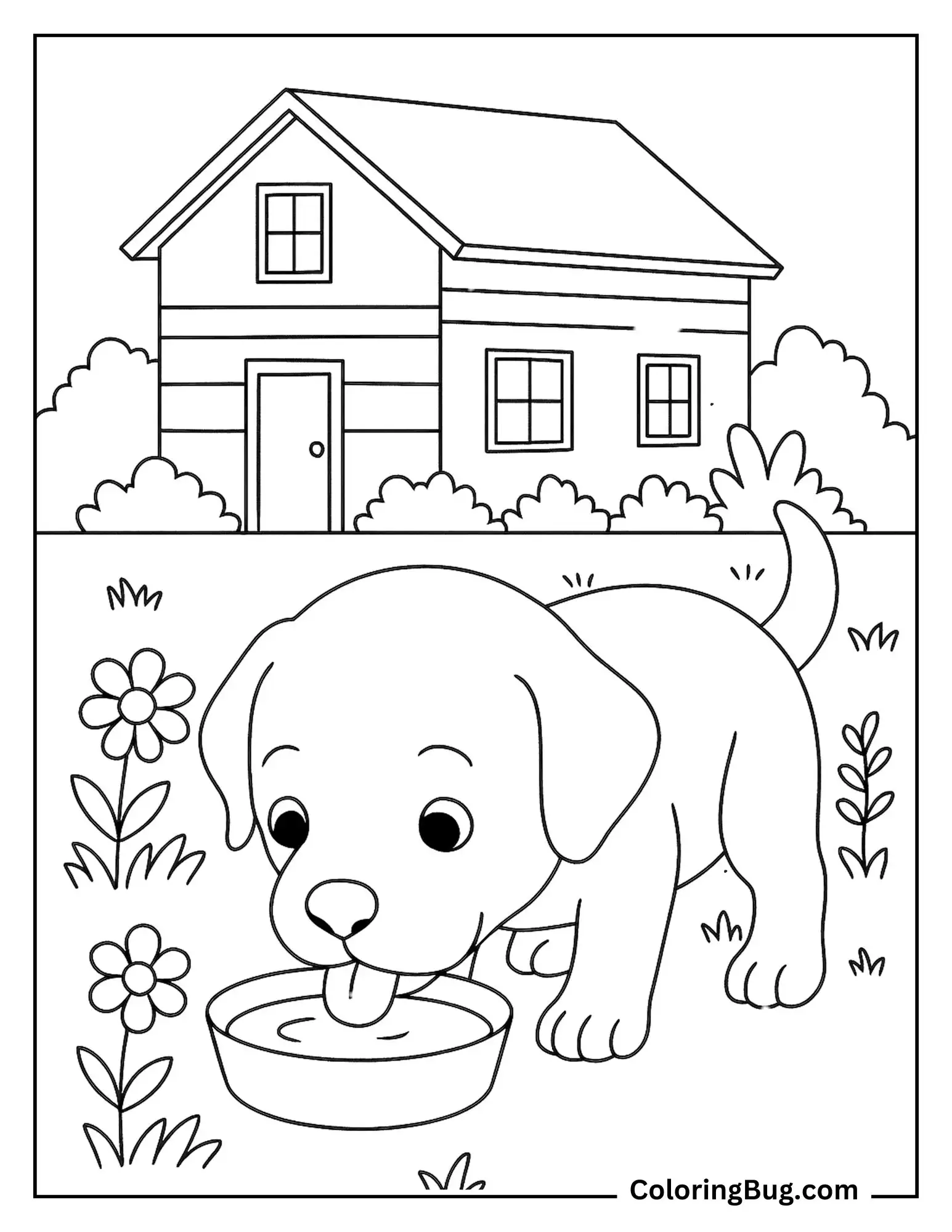 Puppy Licking Milk From Pot Coloring Sheet