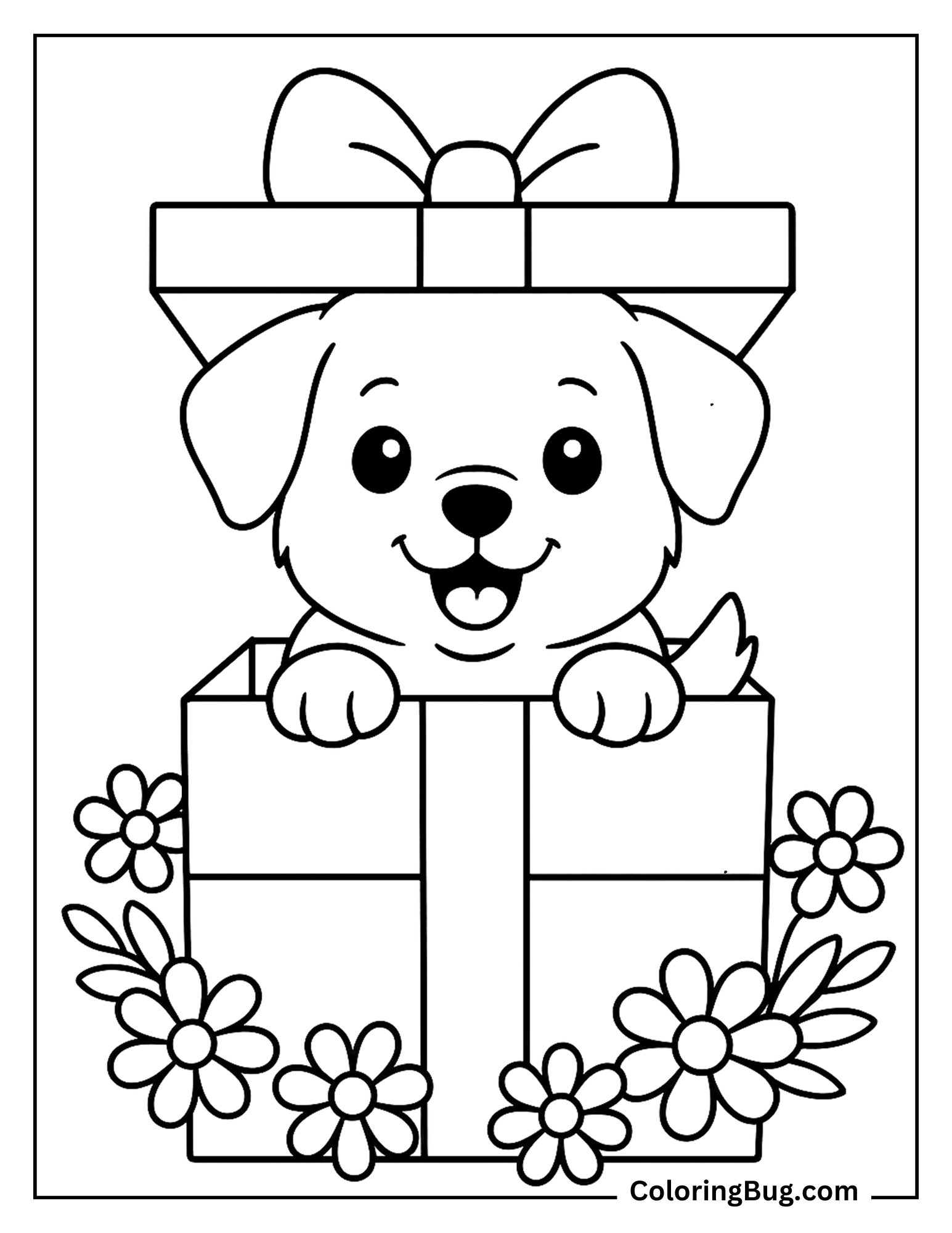 Puppy Peeking Out of Gift Box coloring Sheet