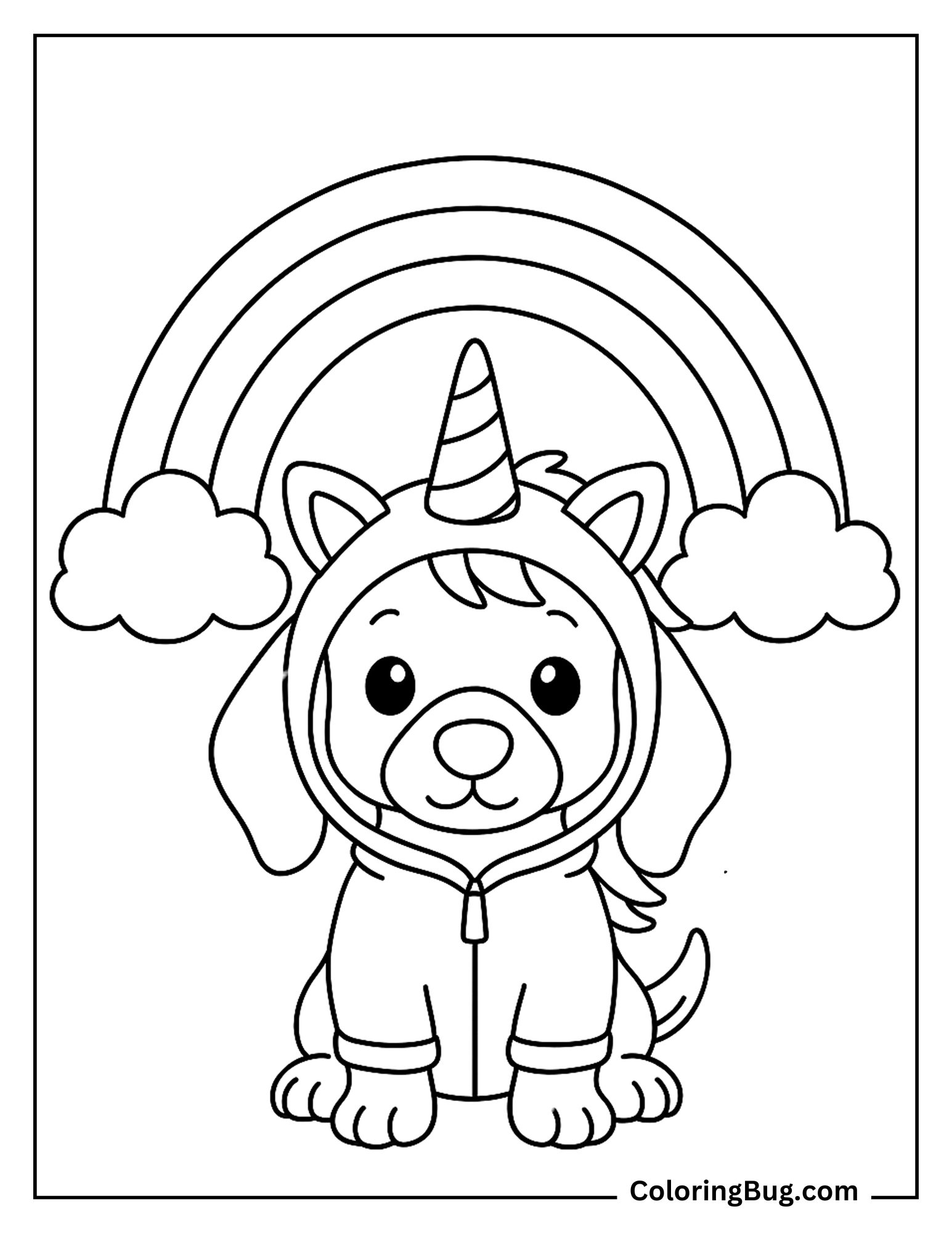 Puppy Wearing Unicorn Costume Coloring Sheet