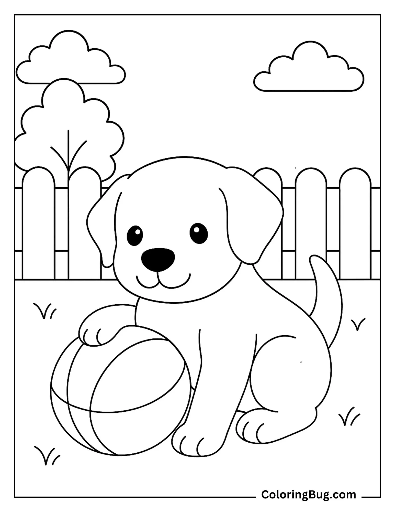 Puppy With Ball in Backyard Coloring Sheet