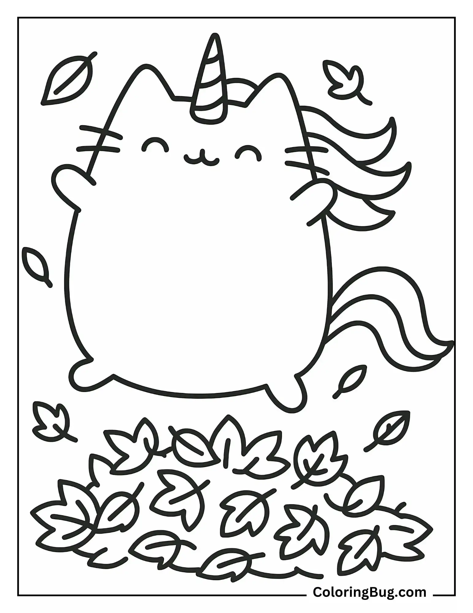 Pusheen Unicorn Cat Jumping Over Leaves Coloring Sheet