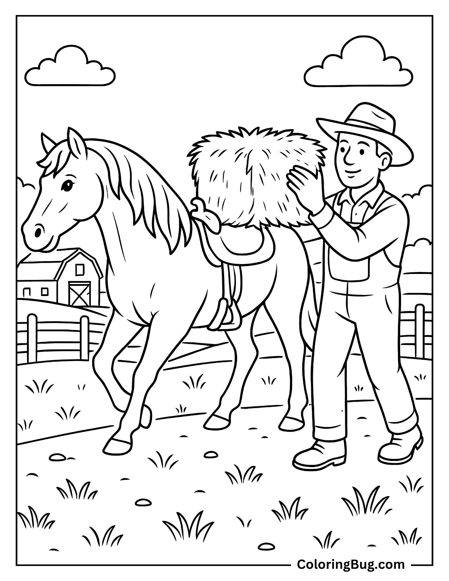 Quarter Horse Helping a Farmer Carry Hay in a Ranch Field Coloring Sheet