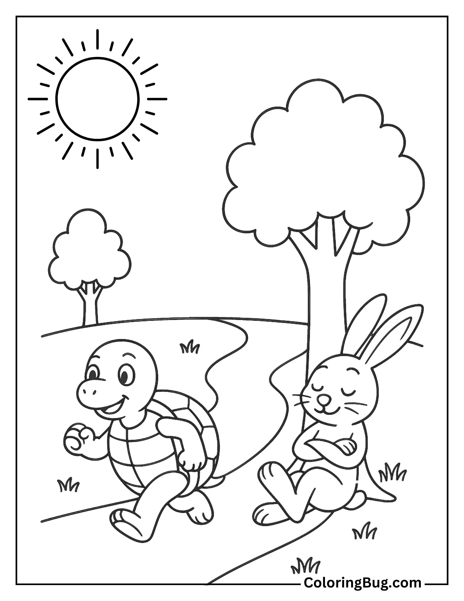 Rabbit Resting Under the Tree While Turtle Running Beside Him Coloring Sheet