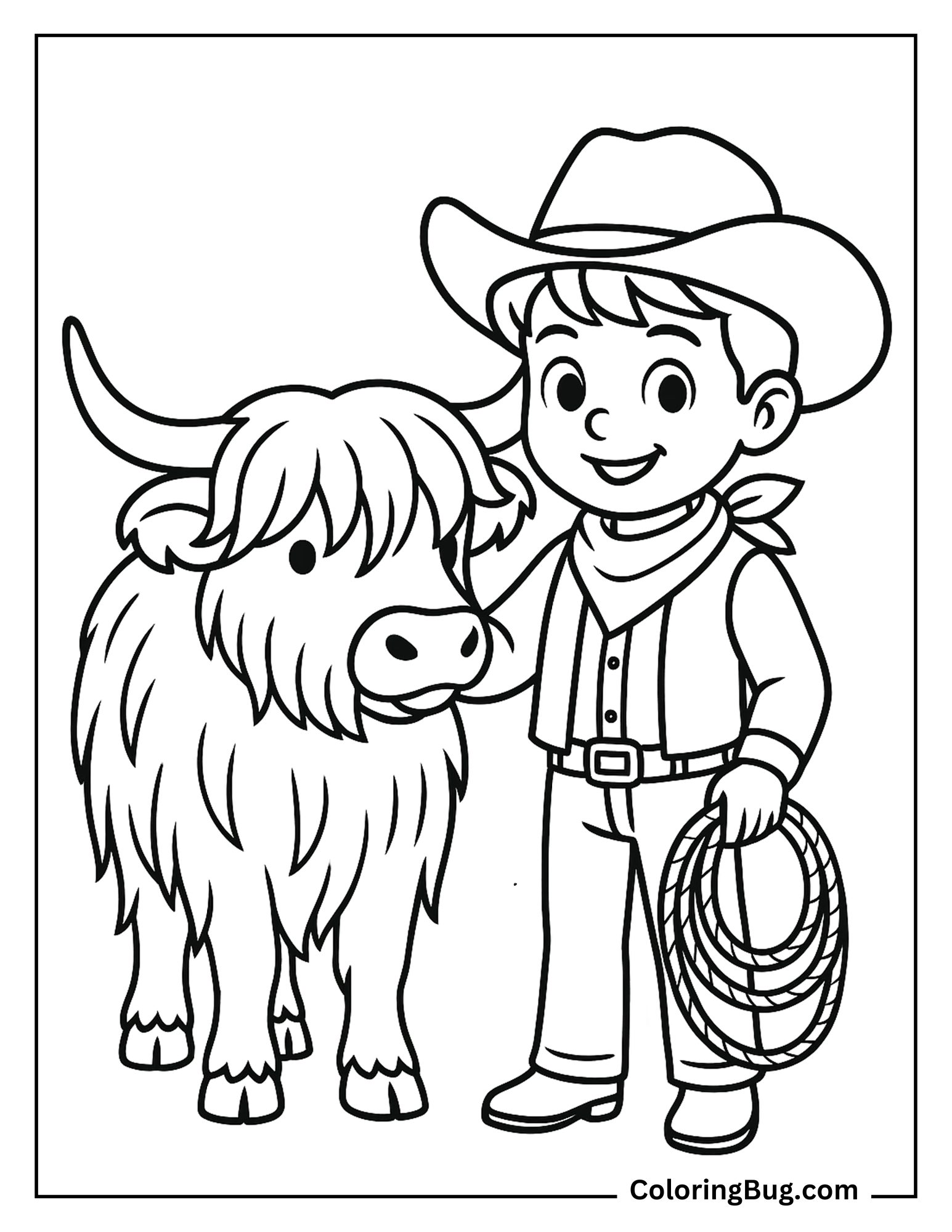 Realistic Highland Cow With Cowboy Coloring Sheet