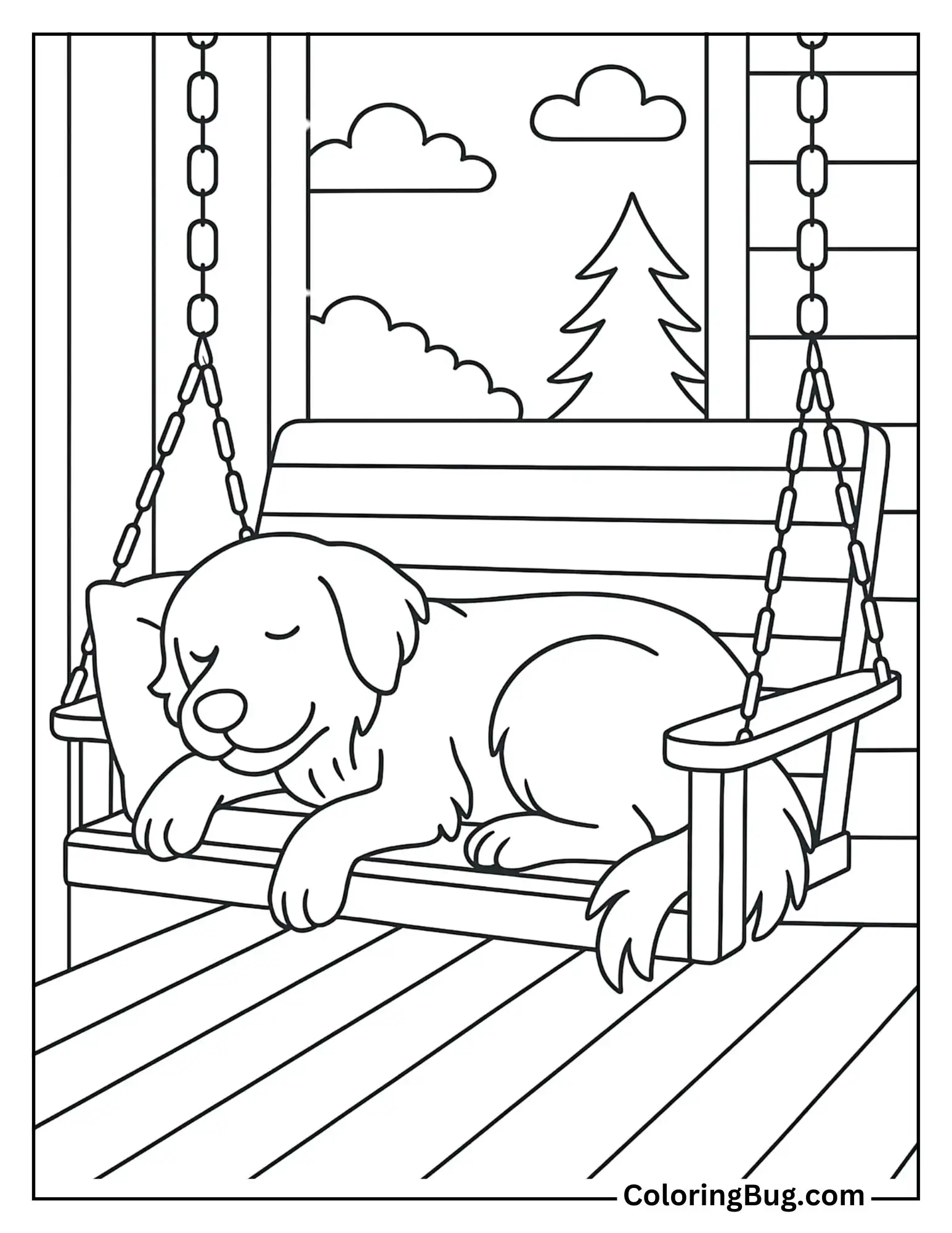Retriever Napping on a Porch Swing Coloring Sheet