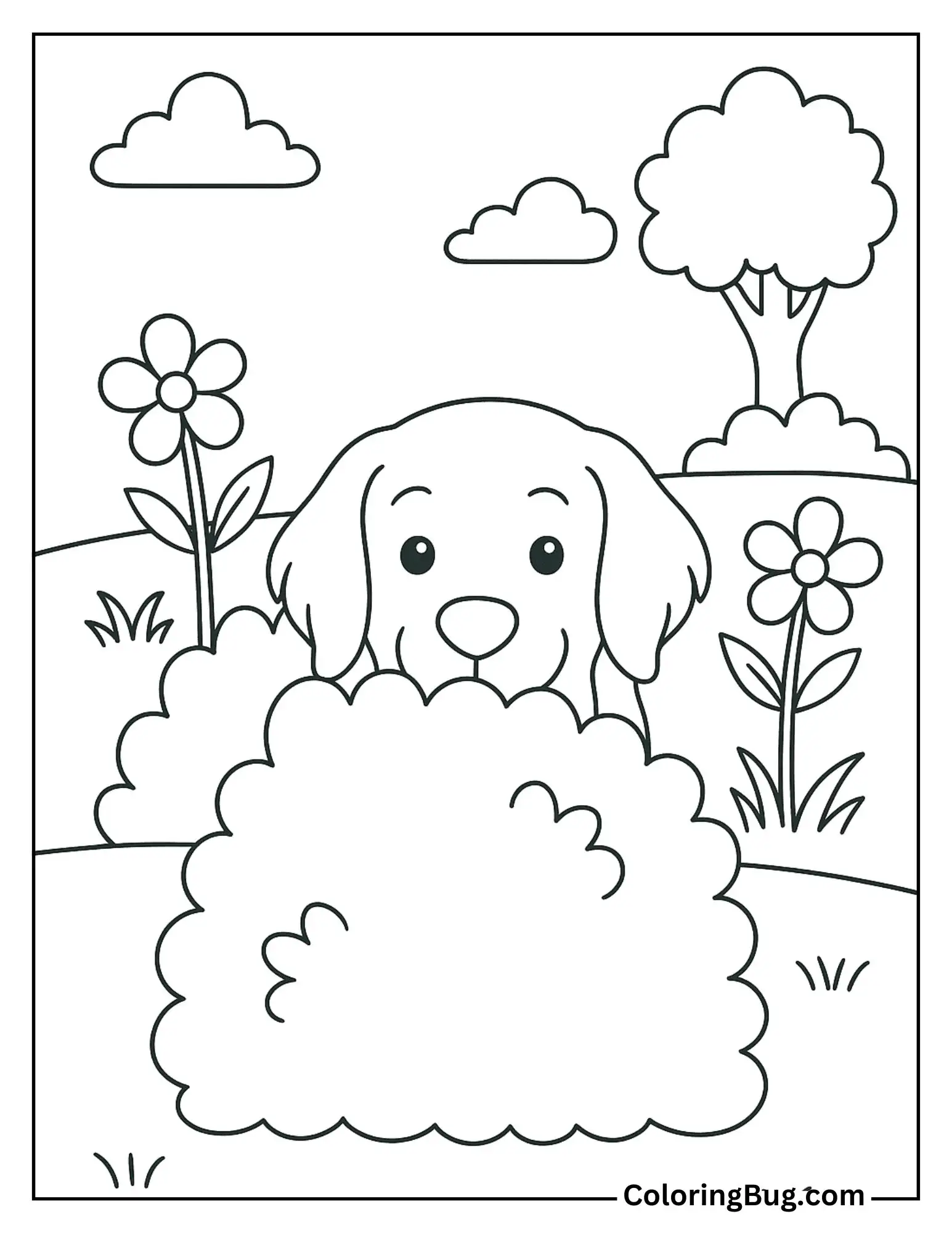 Retriever Playing Hide-and-Seek in Garden Coloring Sheet