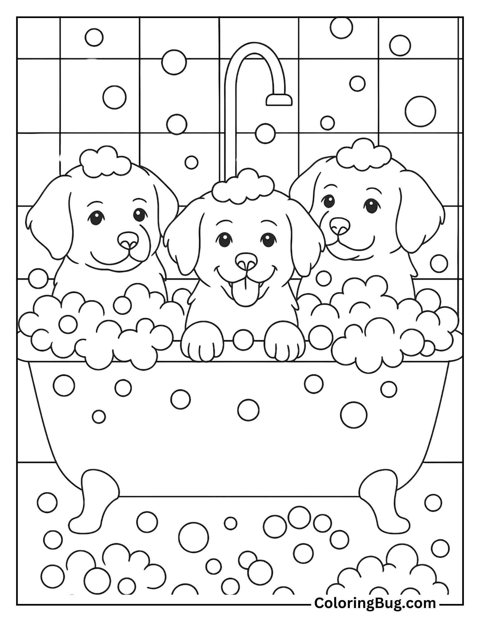 Retriever Puppies in a Bubble-Filled Bathtub Coloring Sheet