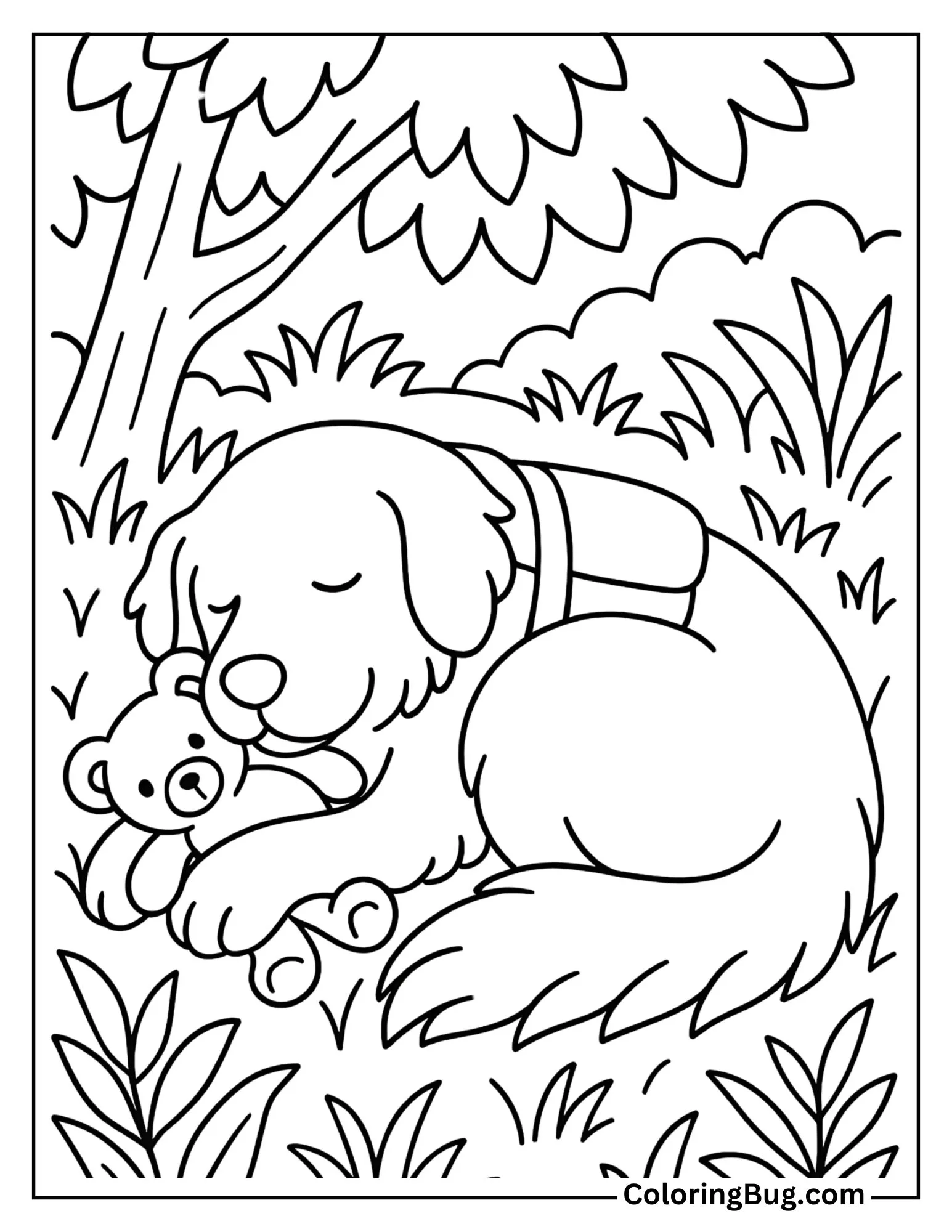 Retriever Snuggled up with a Teddy Bear Coloring Sheet
