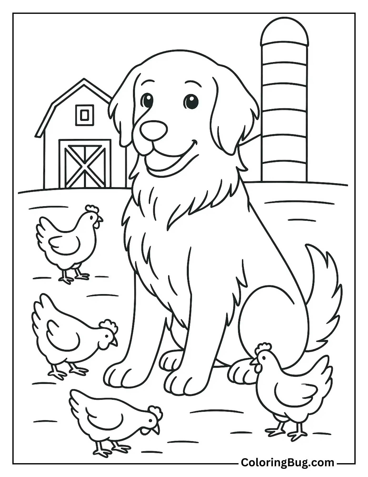 Retriever in Farm Surrounded By Chickens Coloring Sheet