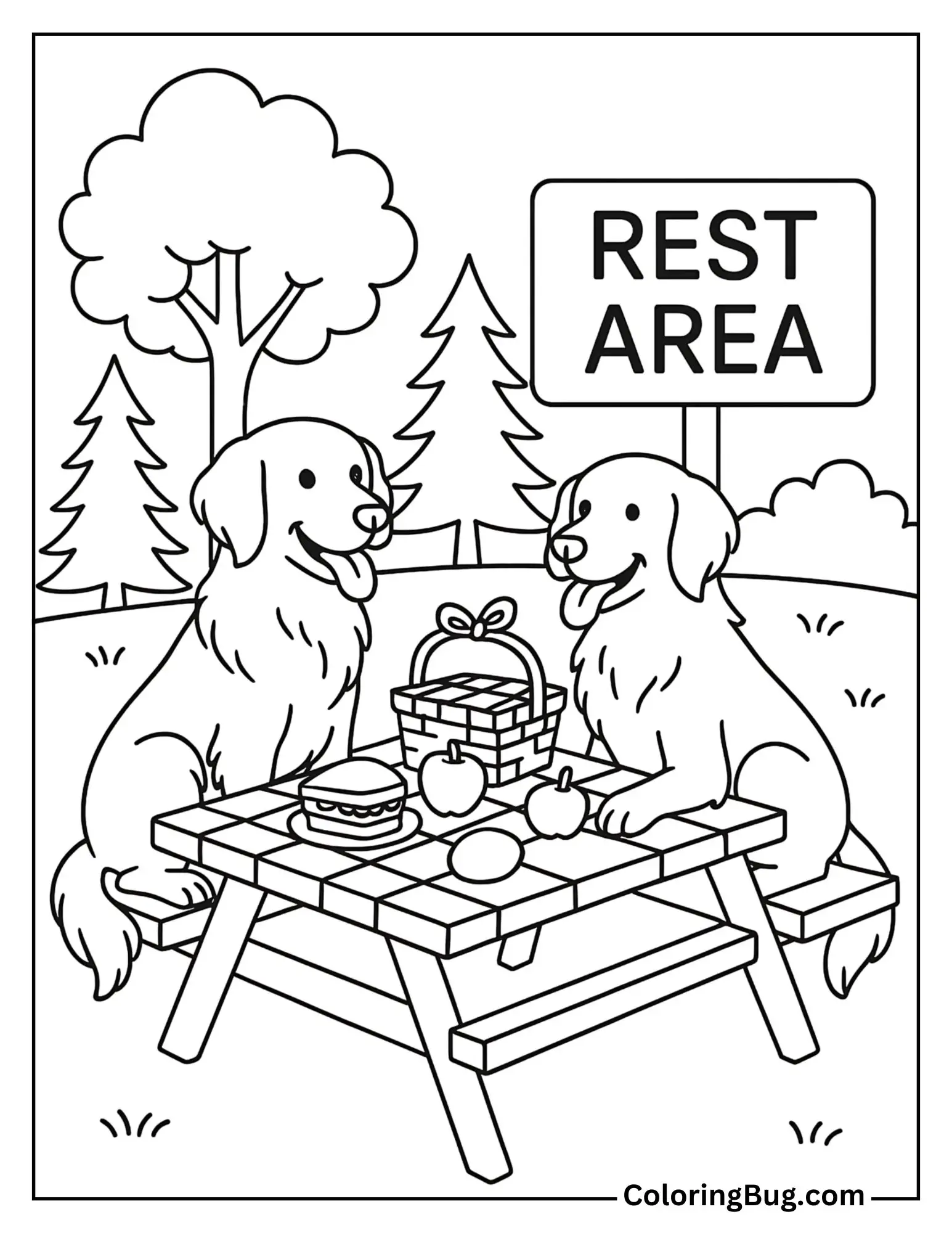 Retrievers Enjoying a Picnic at a Park Rest Stop Coloring Sheet
